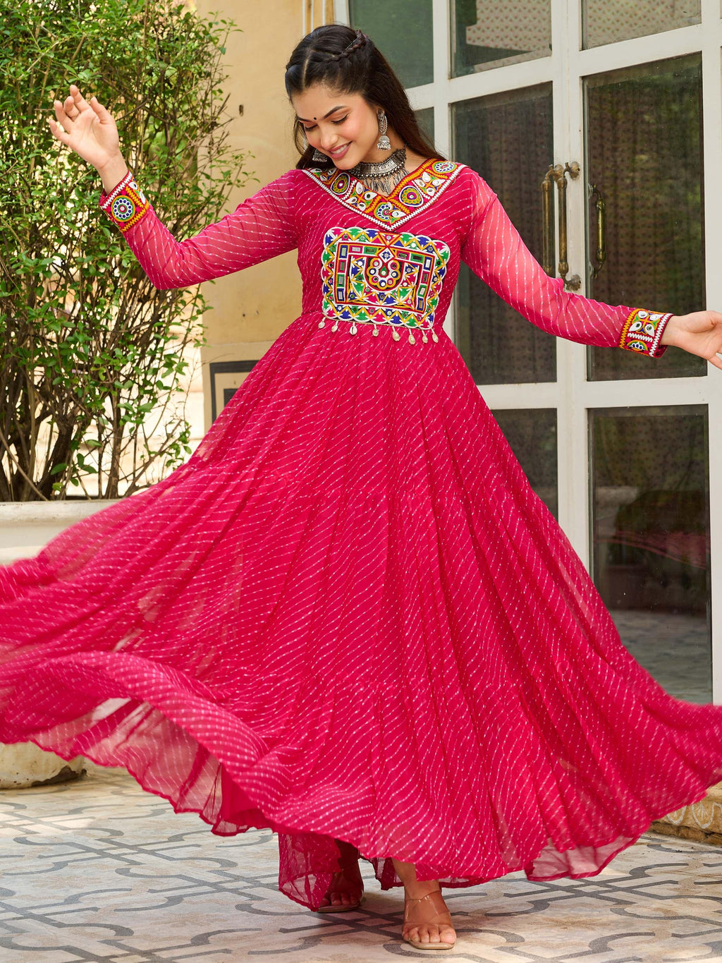 Pink Laheriya print georgette Kutchi patchwork Navratri gown