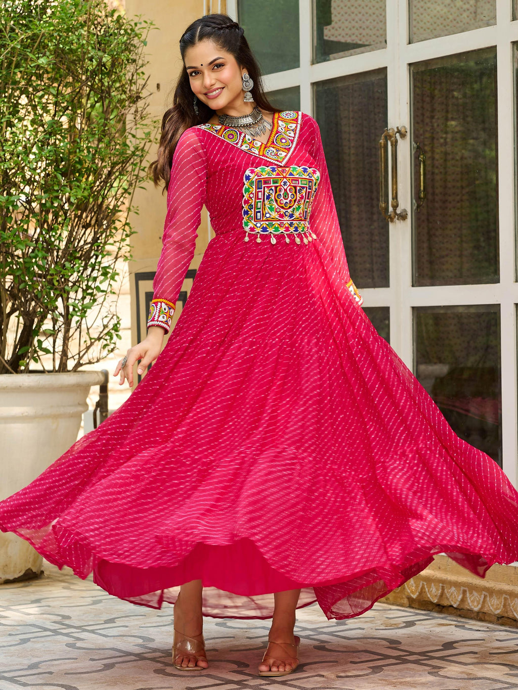 Pink Laheriya print georgette Kutchi patchwork Navratri gown