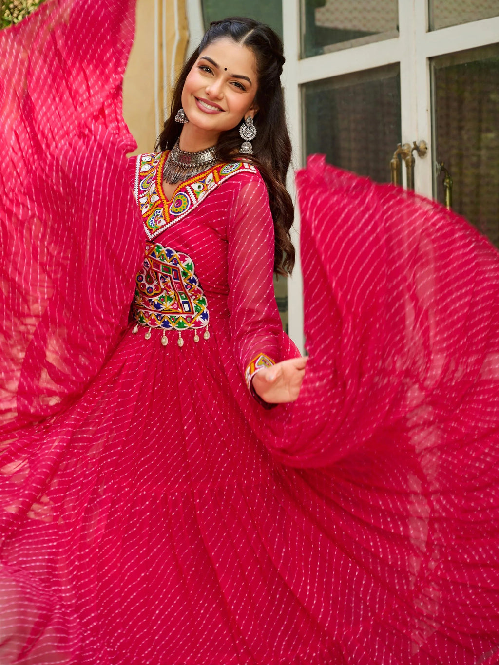 Pink Laheriya print georgette Kutchi patchwork Navratri gown