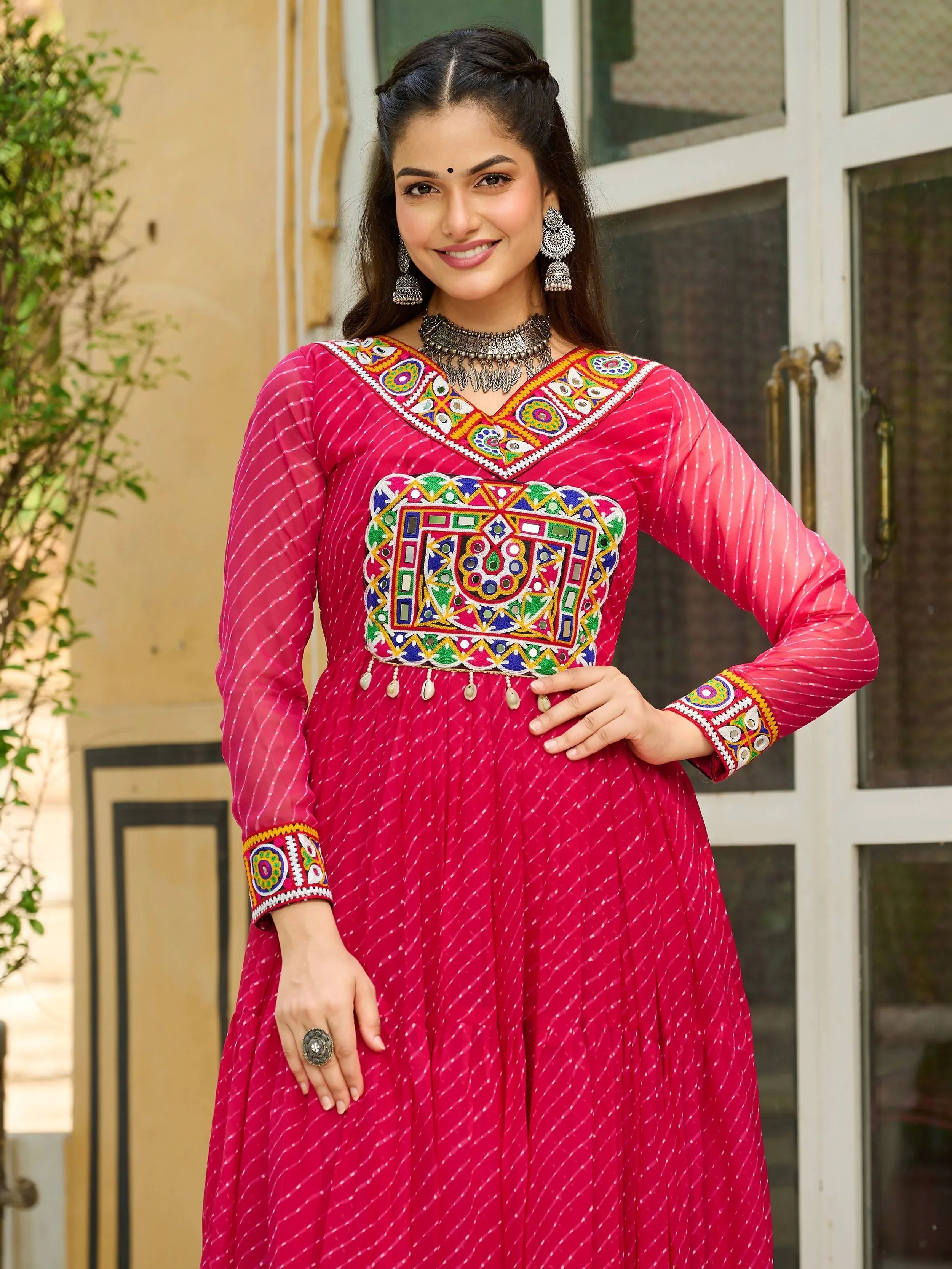 Pink Laheriya print georgette Kutchi patchwork Navratri gown