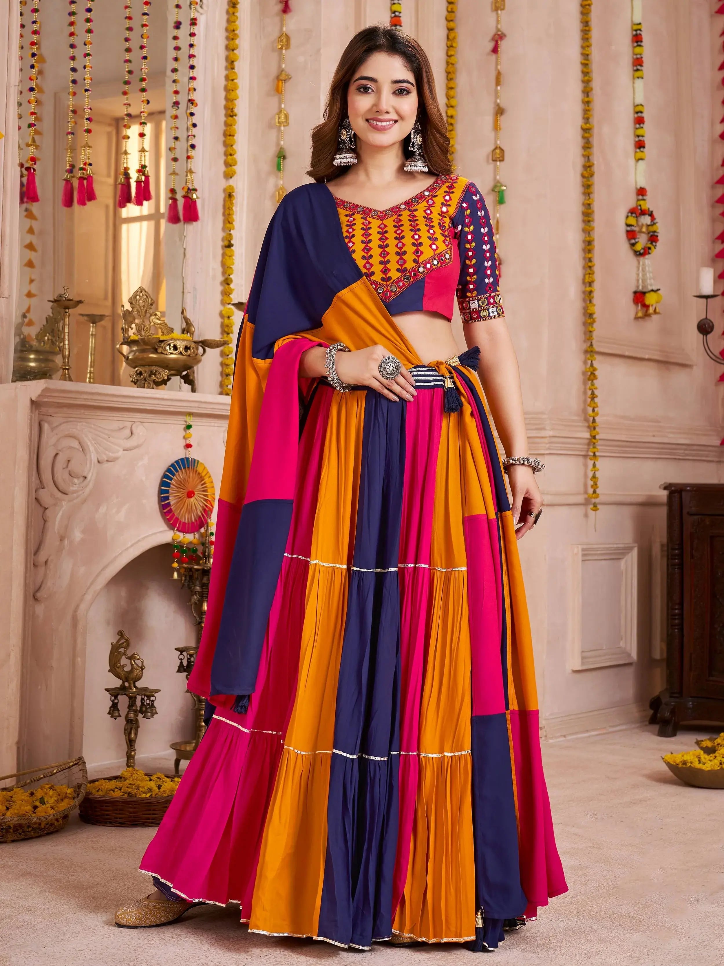 Pink multicolor viscose cotton mirror embroidered lehenga choli