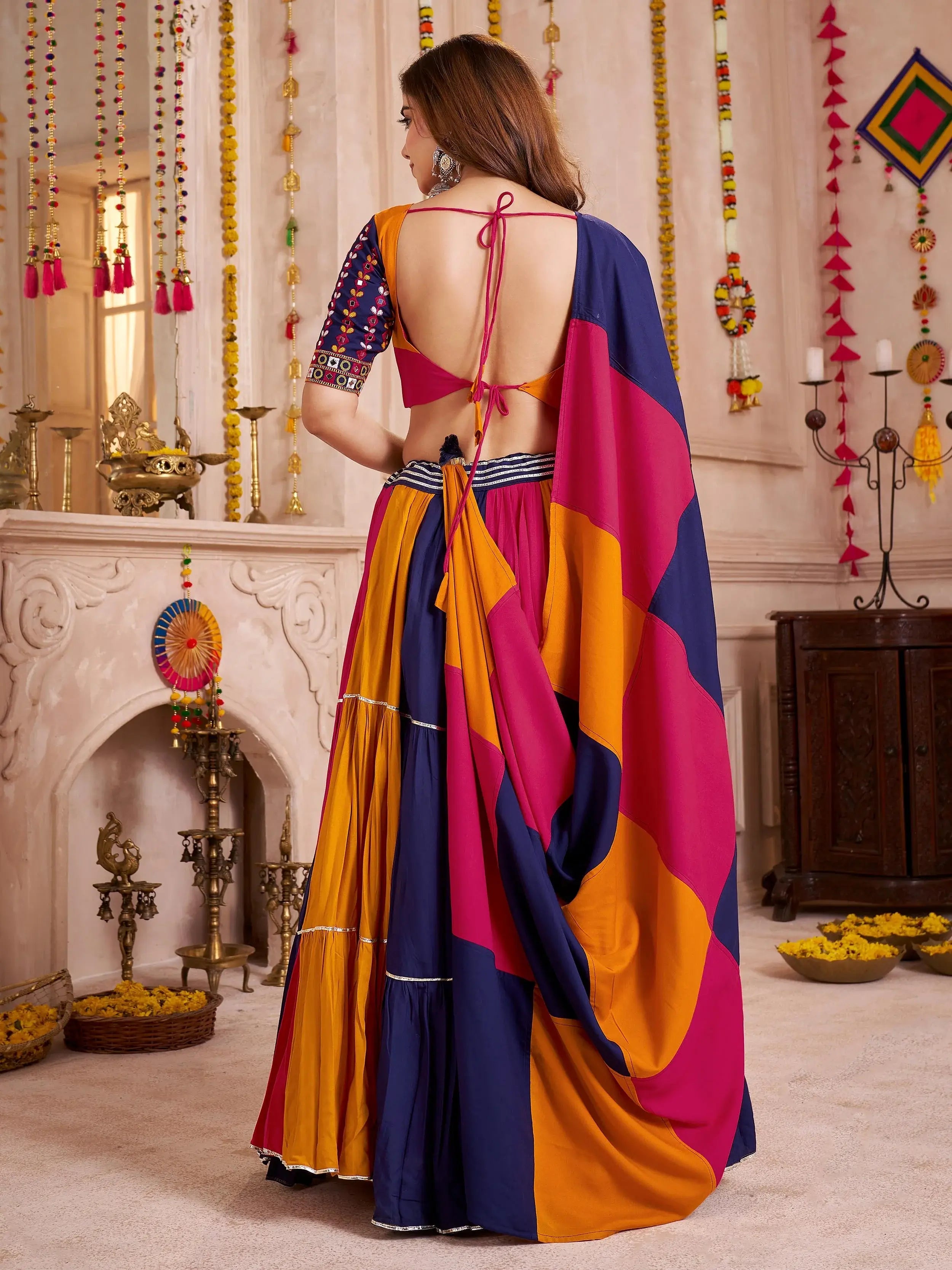 Pink multicolor viscose cotton mirror embroidered lehenga choli