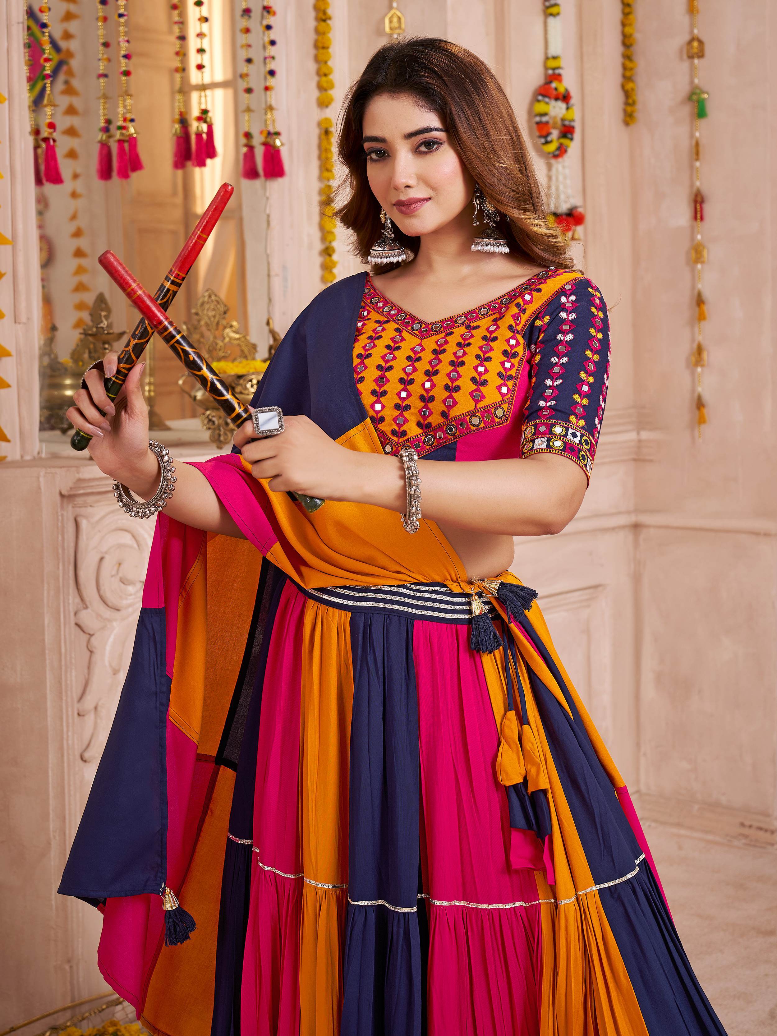 Pink multicolor viscose cotton mirror embroidered lehenga choli