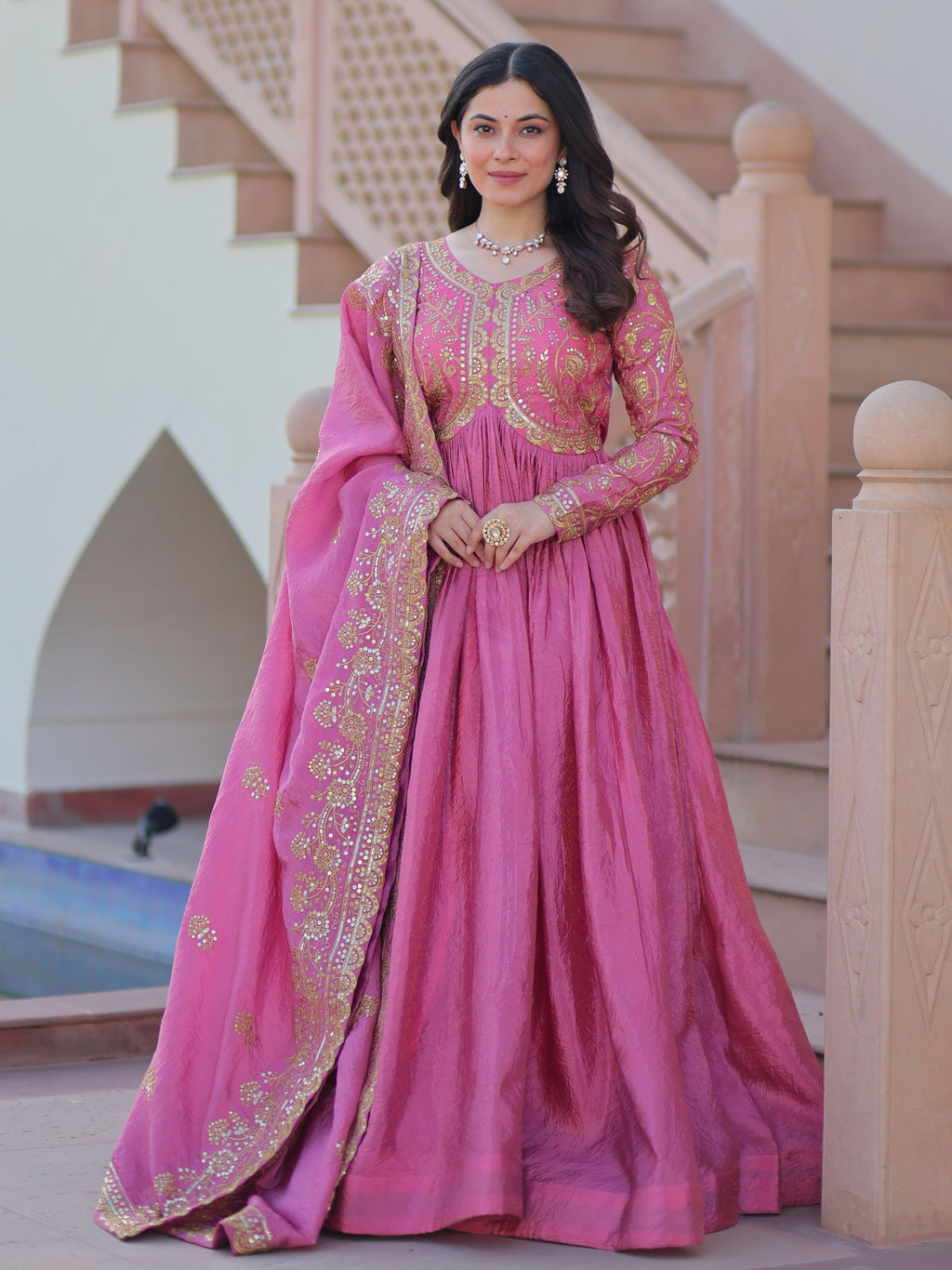 Pink organza gown with sequins embroidery and dupatta