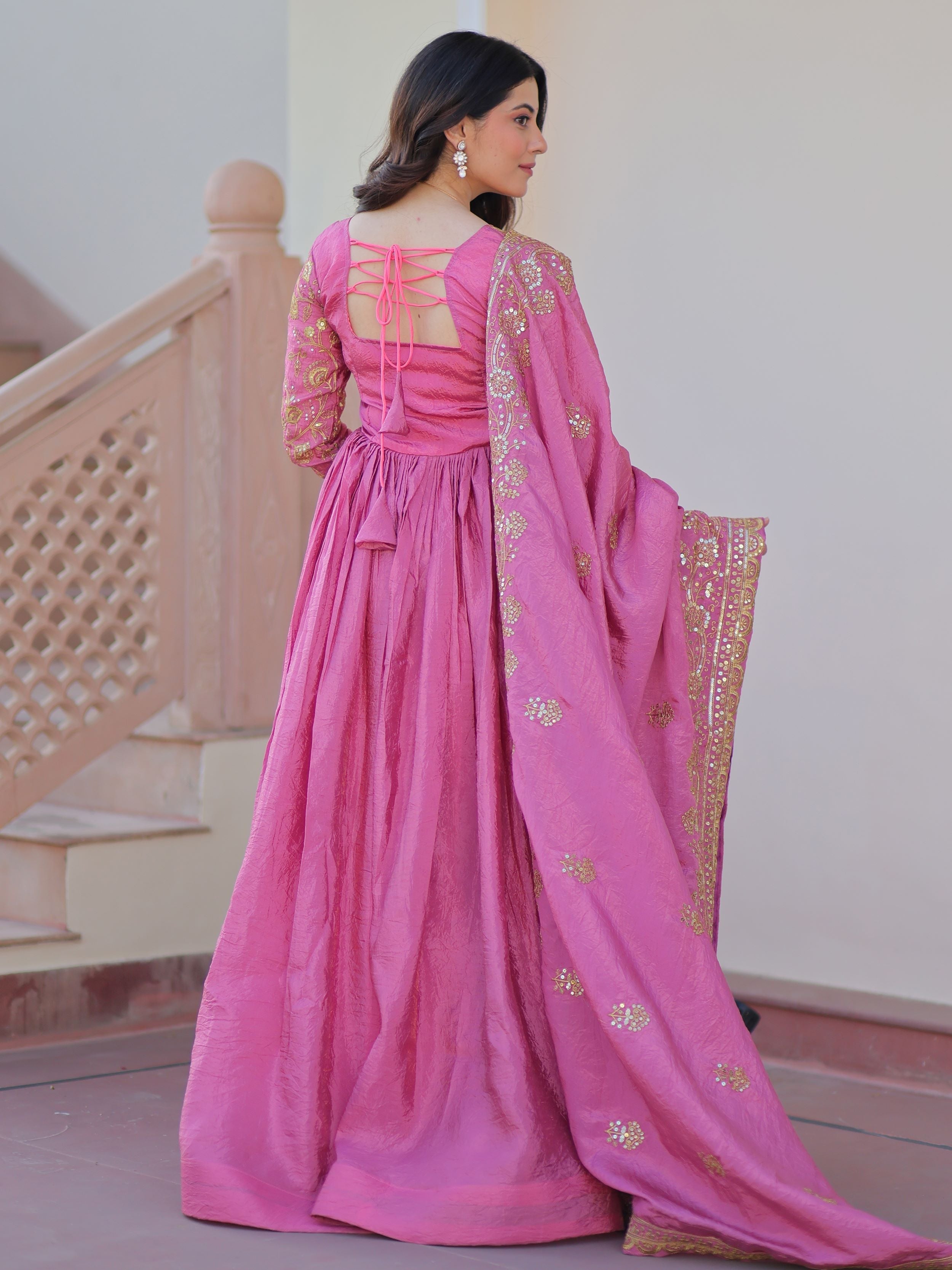 Pink organza gown with sequins embroidery and dupatta