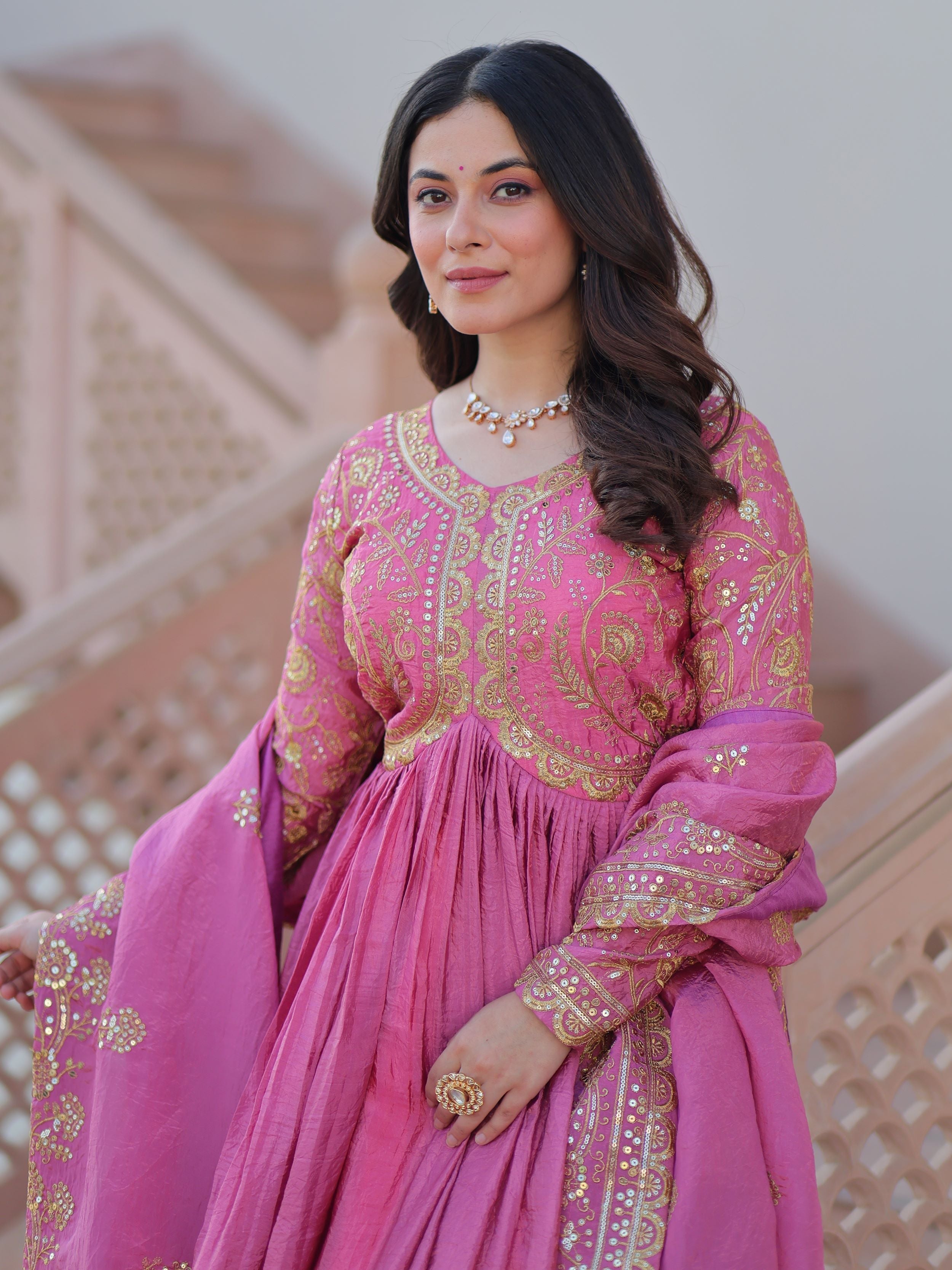 Pink organza gown with sequins embroidery and dupatta