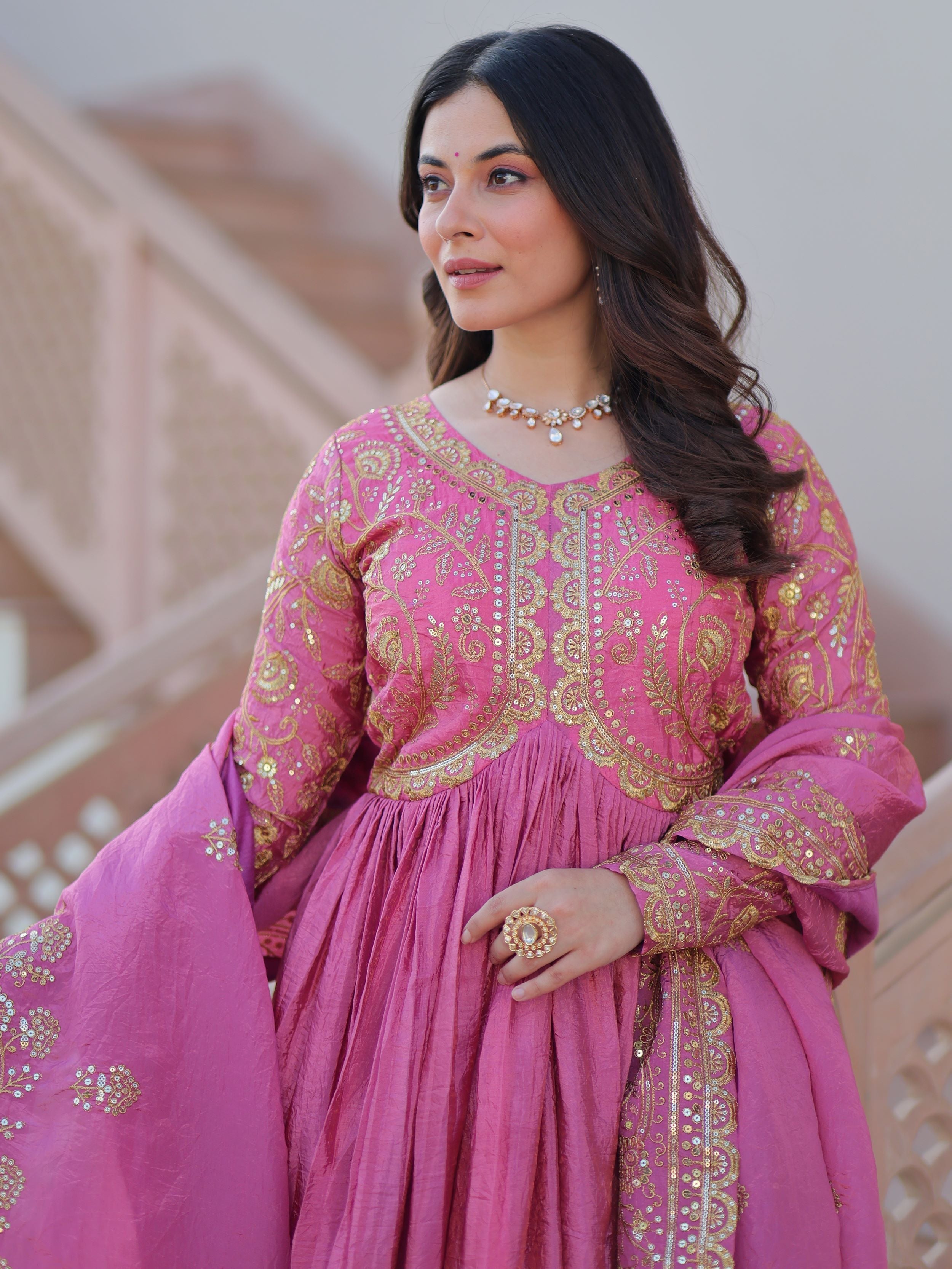 Pink organza gown with sequins embroidery and dupatta