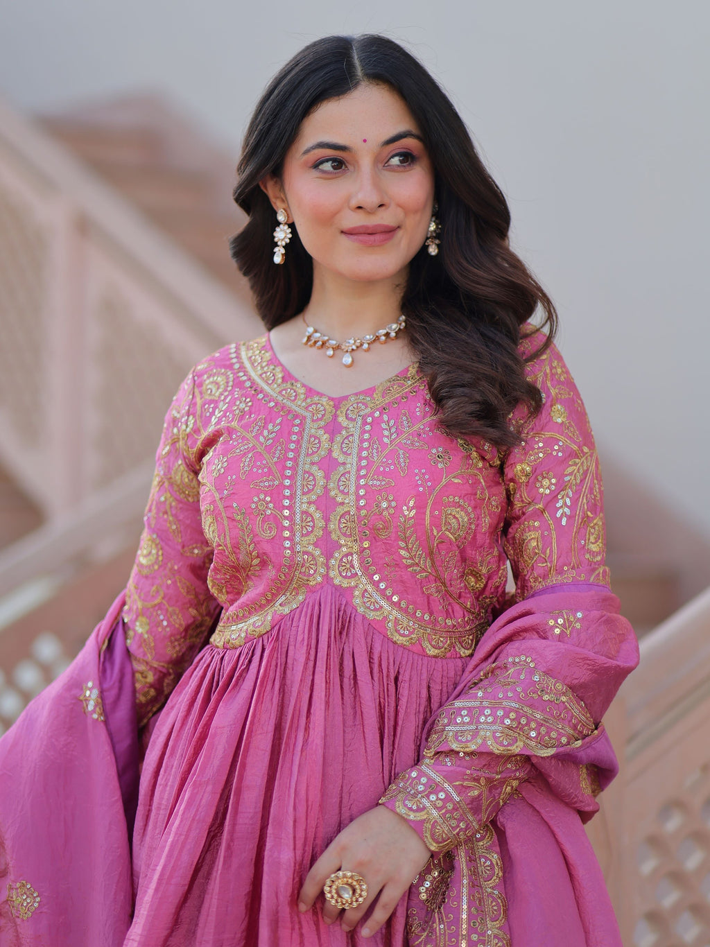 Pink organza gown with sequins embroidery and dupatta