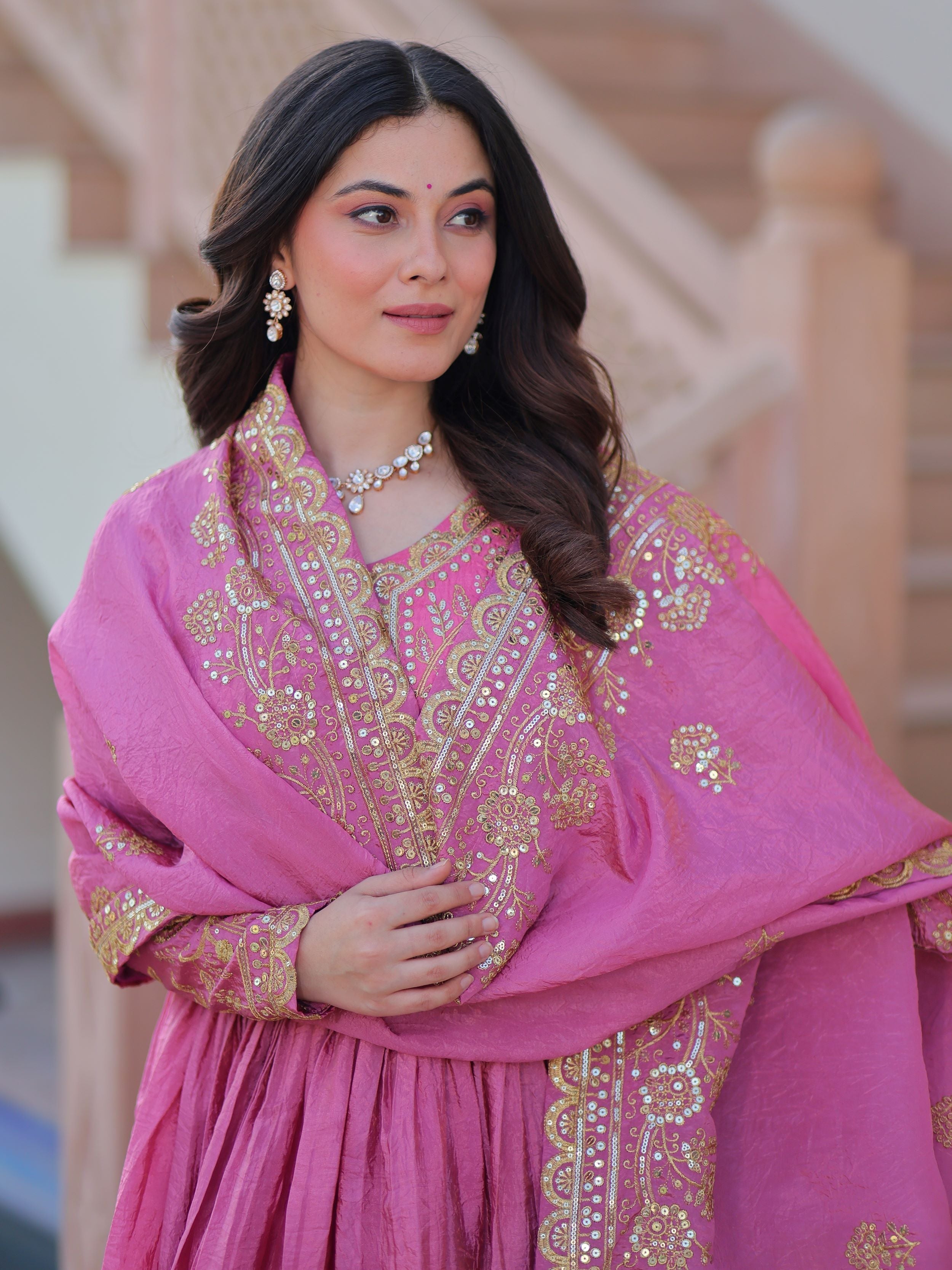 Pink organza gown with sequins embroidery and dupatta