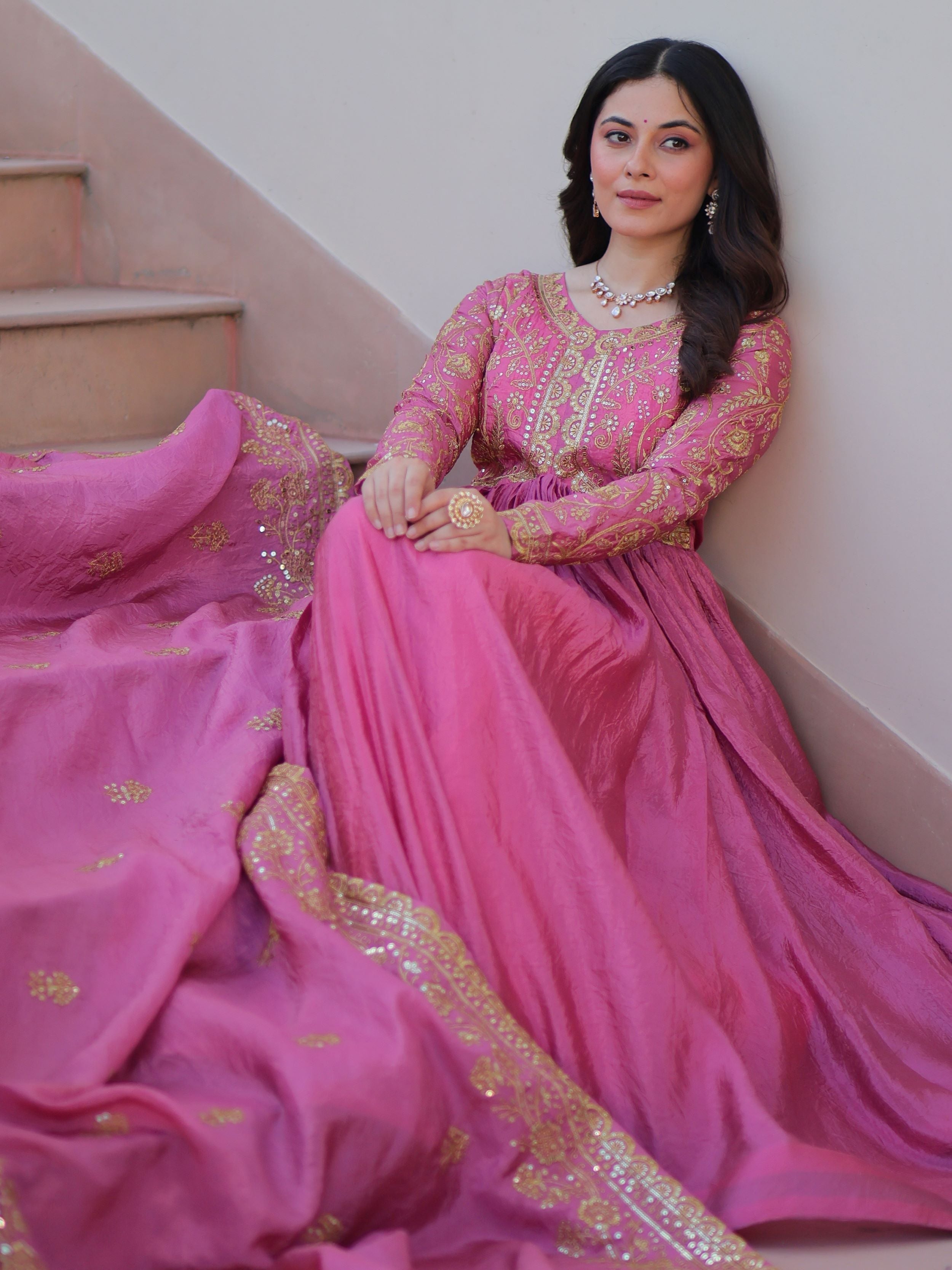 Pink organza gown with sequins embroidery and dupatta