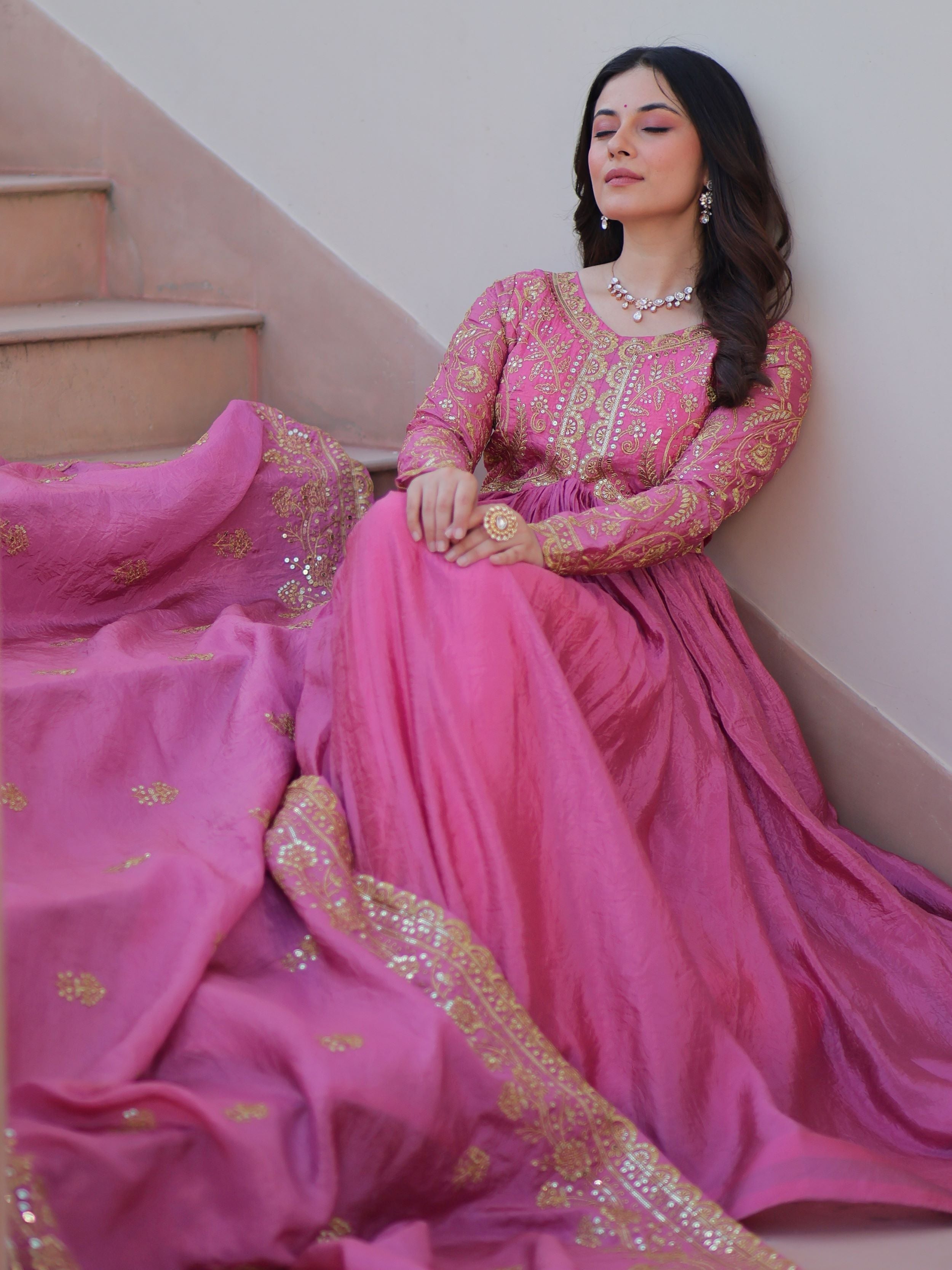 Pink organza gown with sequins embroidery and dupatta