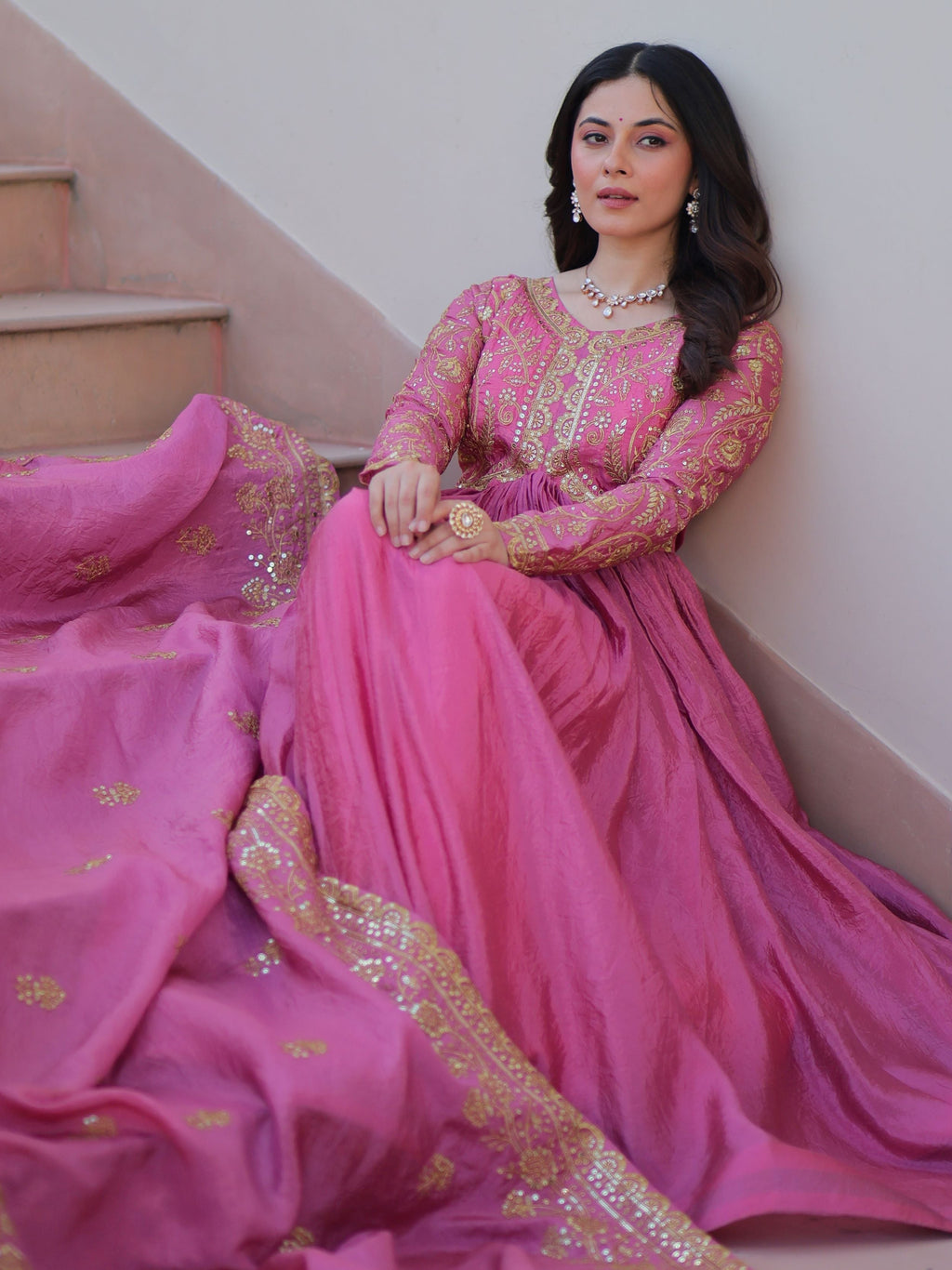 Pink organza gown with sequins embroidery and dupatta