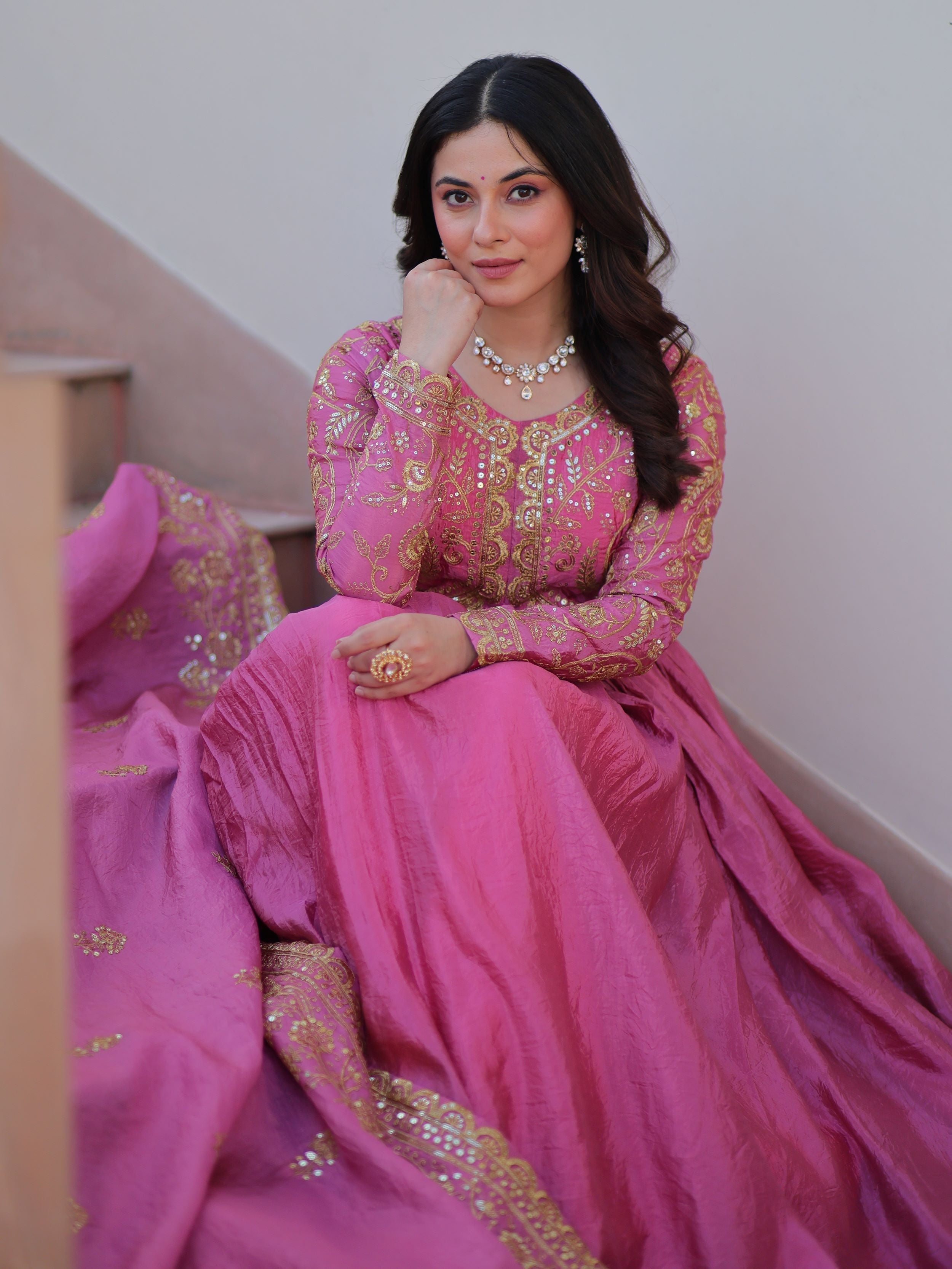 Pink organza gown with sequins embroidery and dupatta