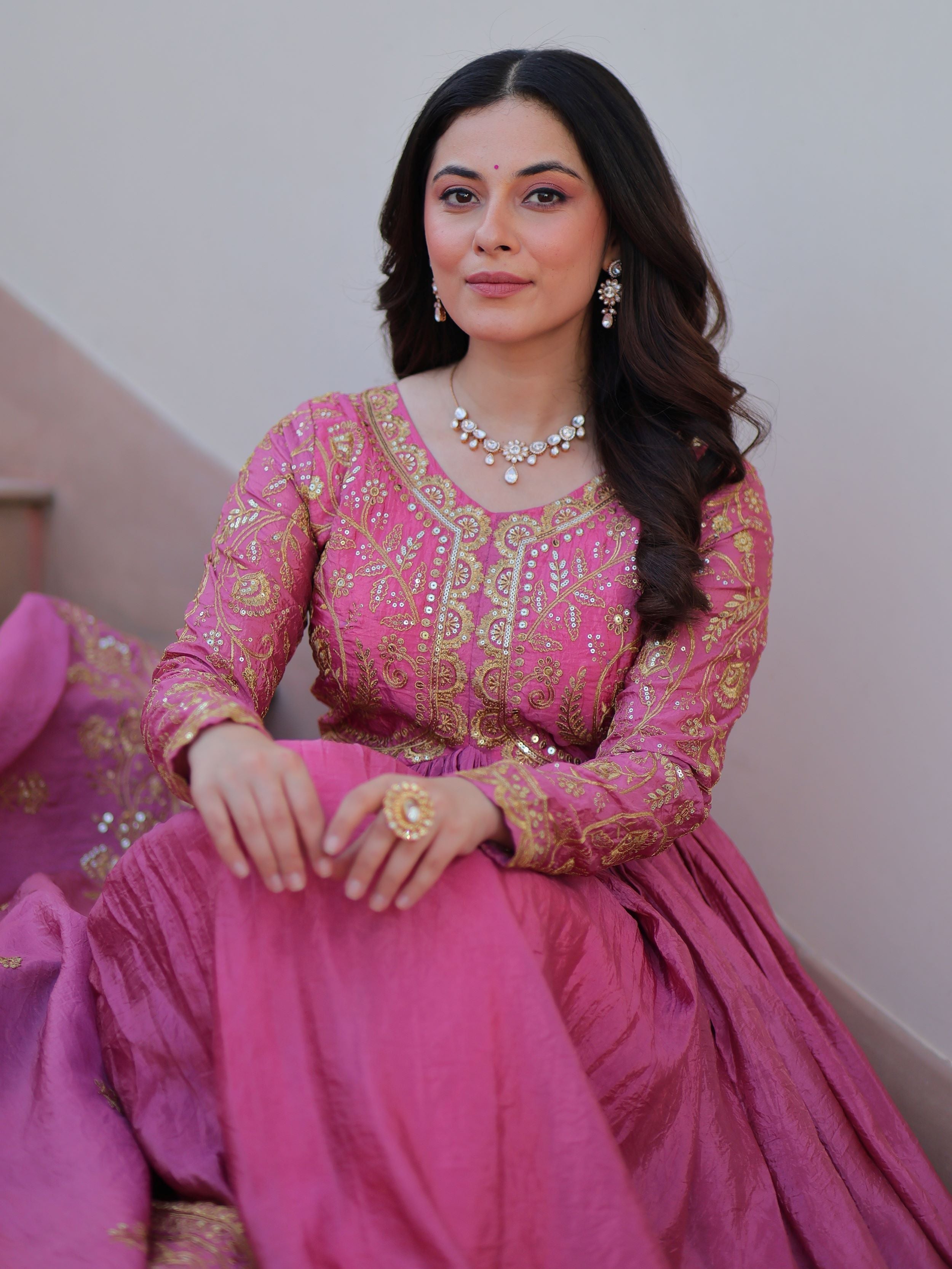 Pink organza gown with sequins embroidery and dupatta