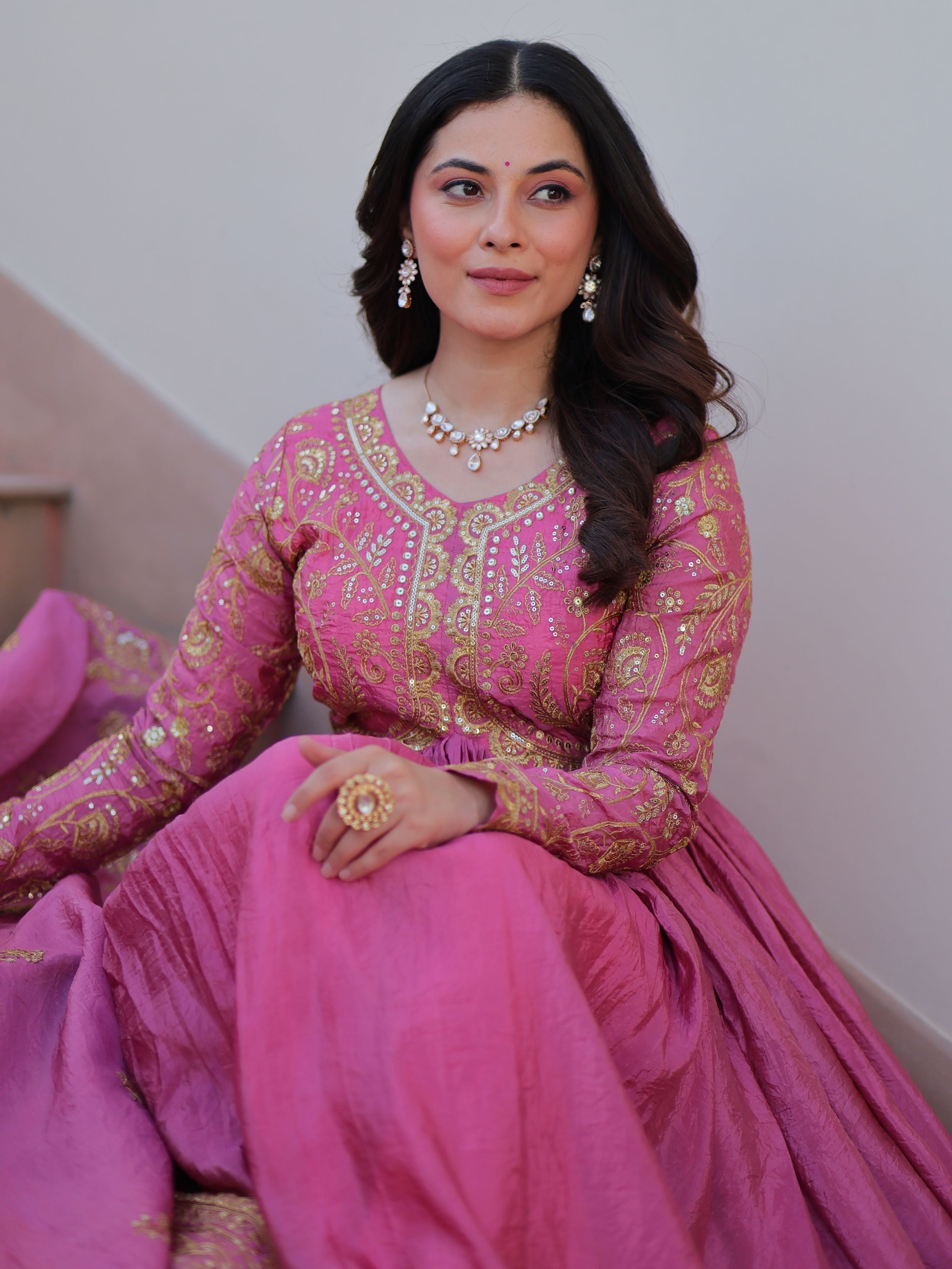 Pink organza gown with sequins embroidery and dupatta