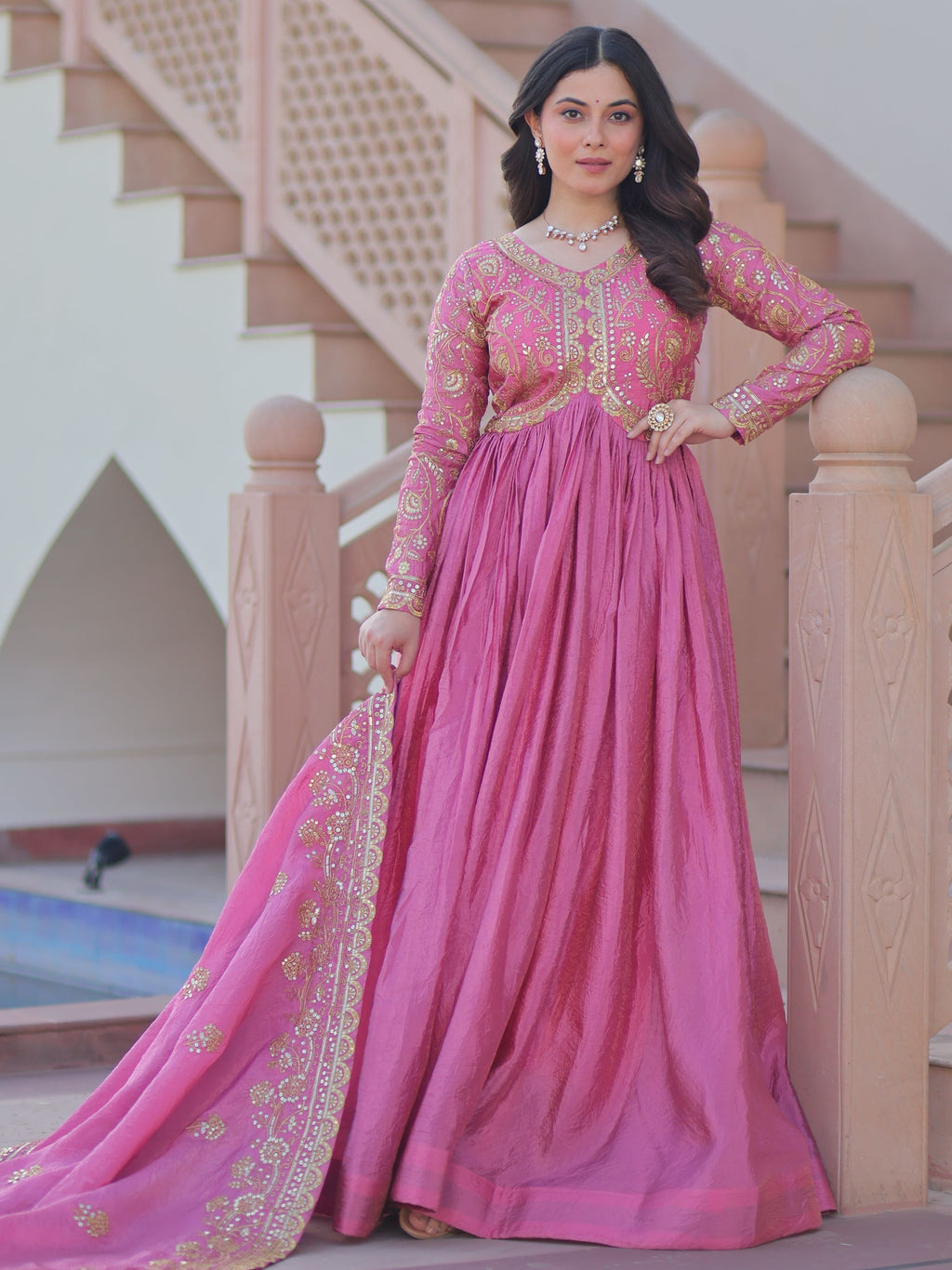 Pink organza gown with sequins embroidery and dupatta