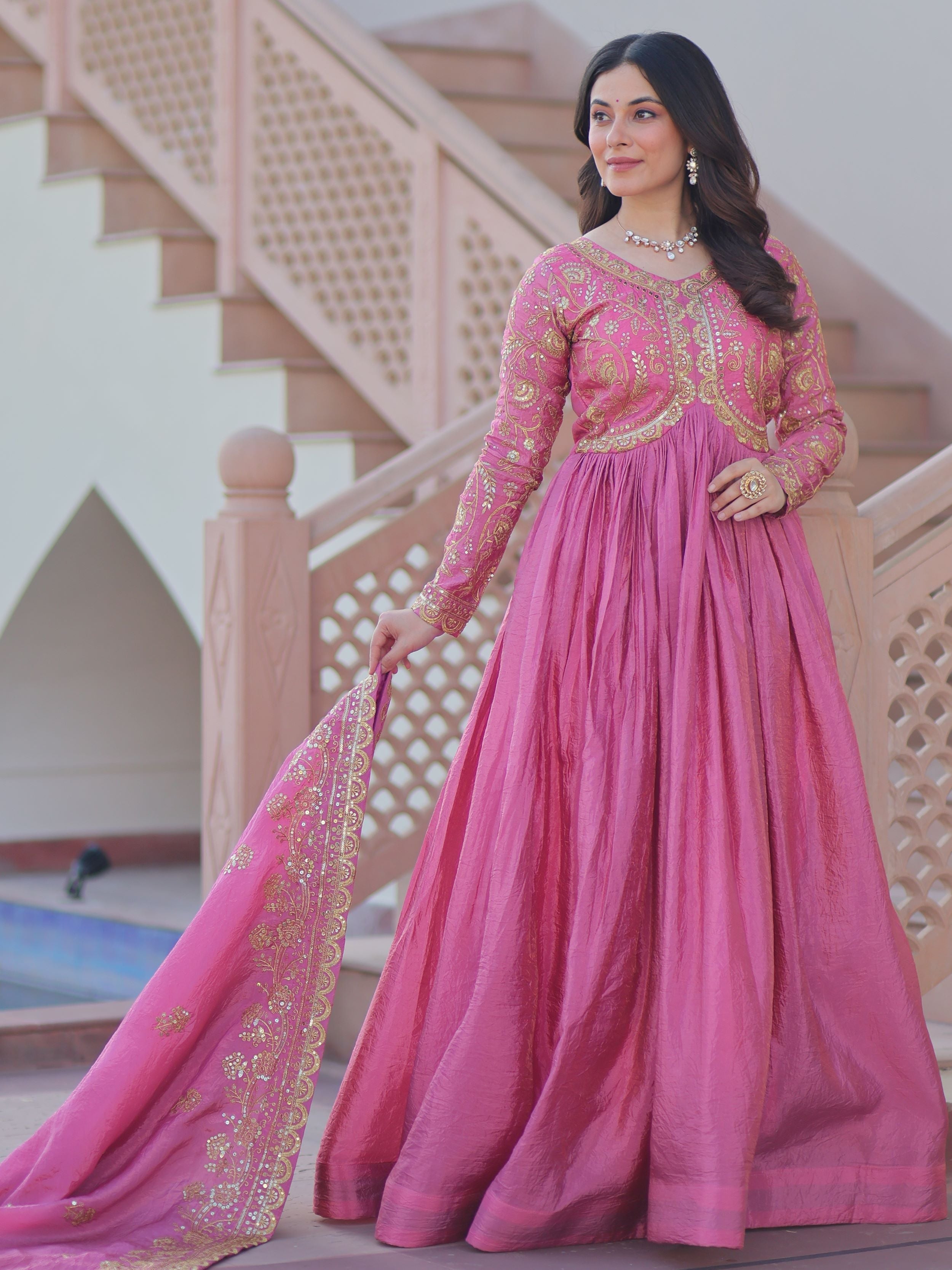 Pink organza gown with sequins embroidery and dupatta