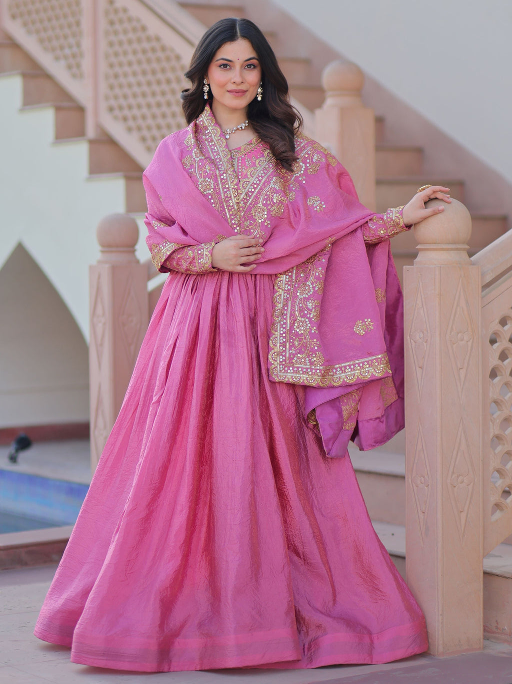 Pink organza gown with sequins embroidery and dupatta
