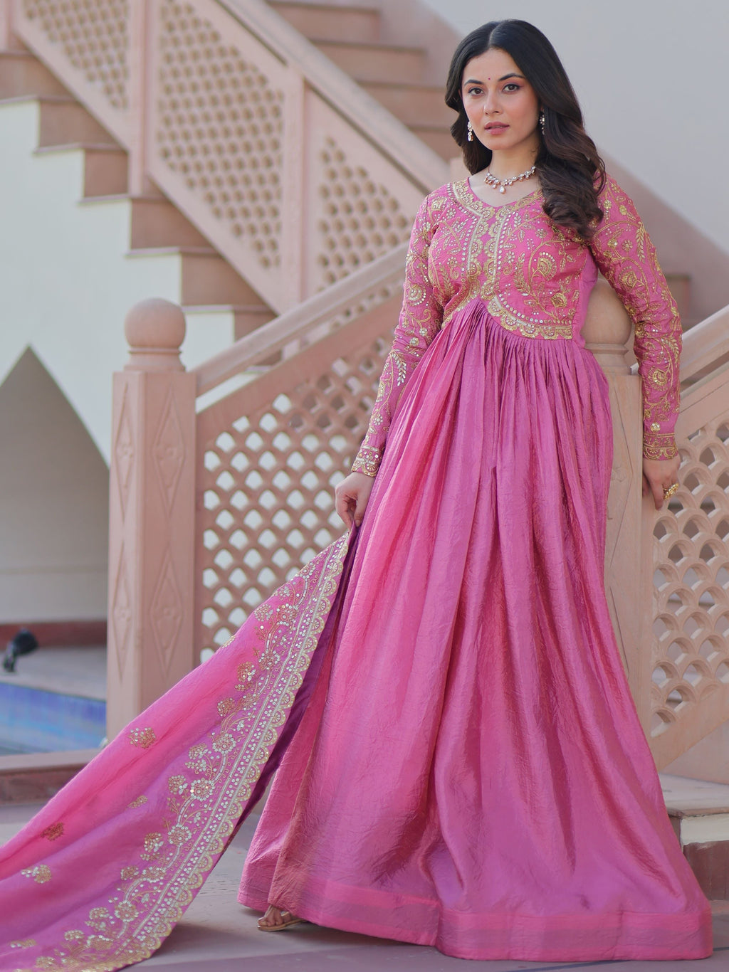 Pink organza gown with sequins embroidery and dupatta