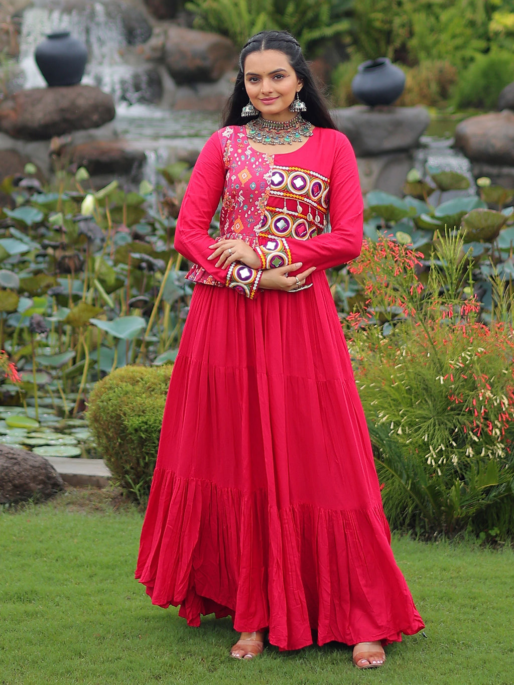 Pink Pure Rayon Kutchi Gamthi Embroidered Navratri Gown