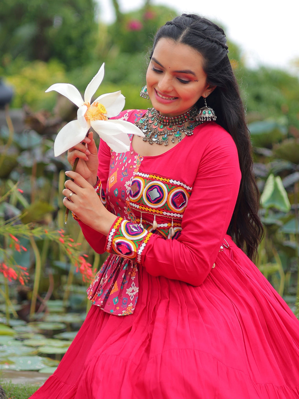 Pink Pure Rayon Kutchi Gamthi Embroidered Navratri Gown
