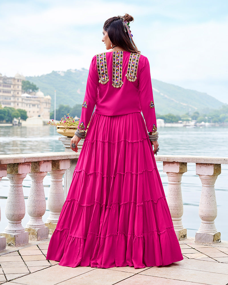 Pink pure rayon lehenga with mirror Gamthi work blouse and koti