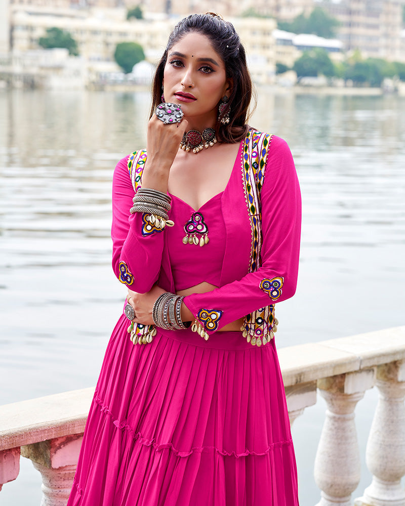 Pink pure rayon lehenga with mirror Gamthi work blouse and koti