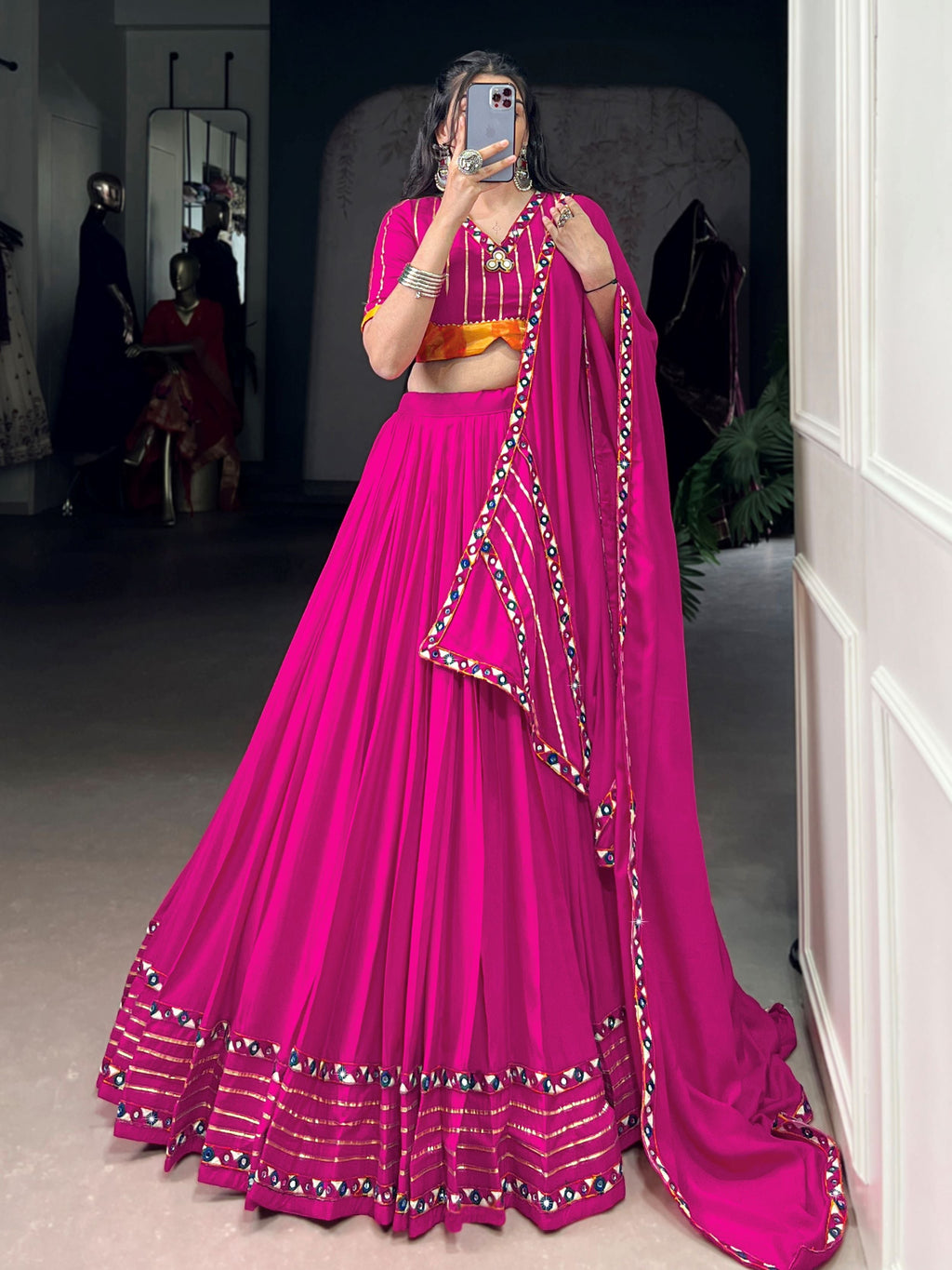 Pink pure rayon lehenga choli with mirror gamthi and gotta patti work