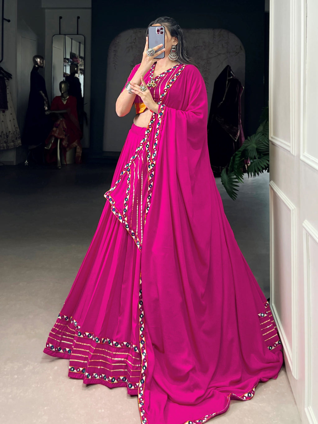 Pink pure rayon lehenga choli with mirror gamthi and gotta patti work