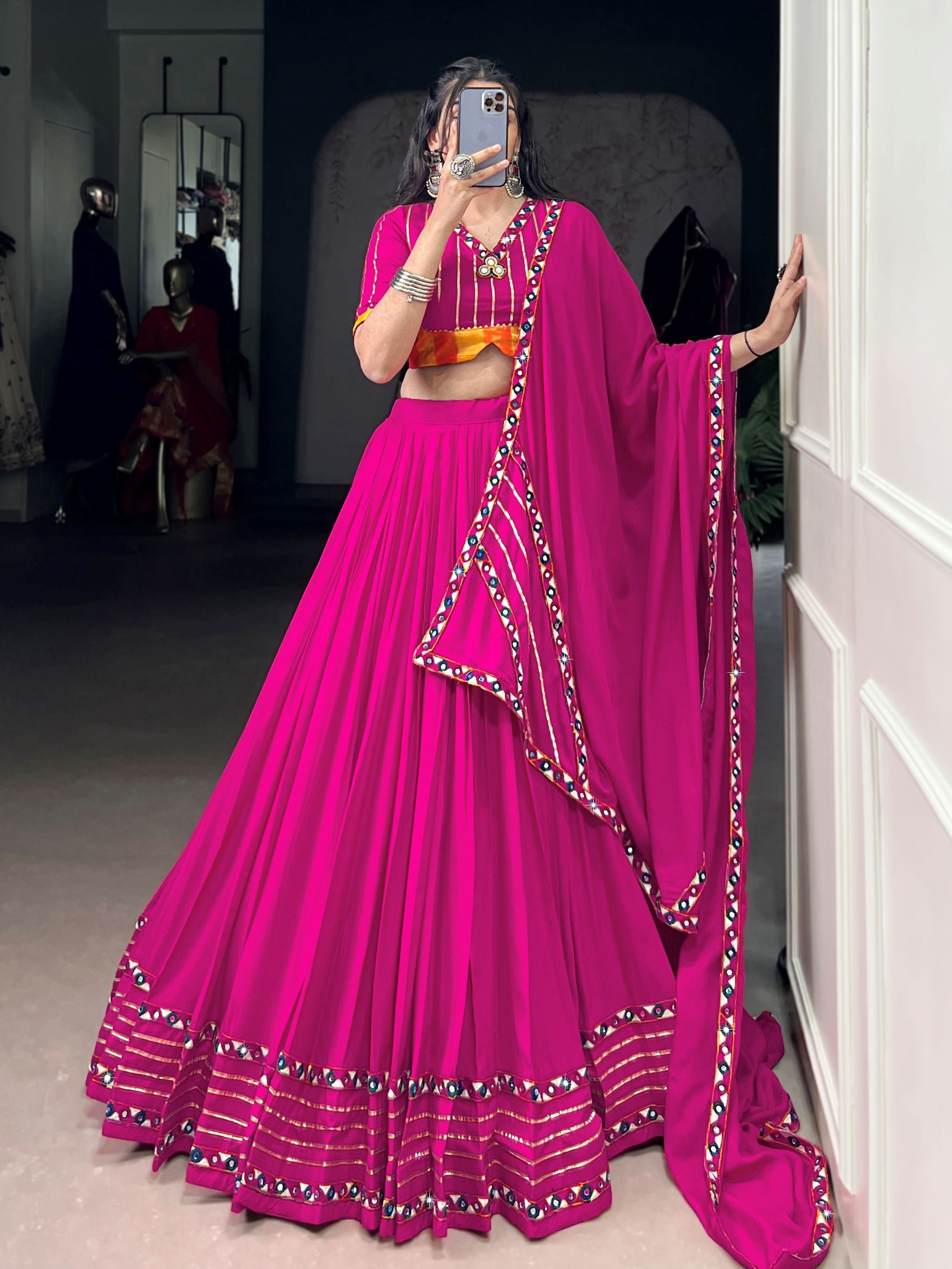 Pink pure rayon lehenga choli with mirror gamthi and gotta patti work
