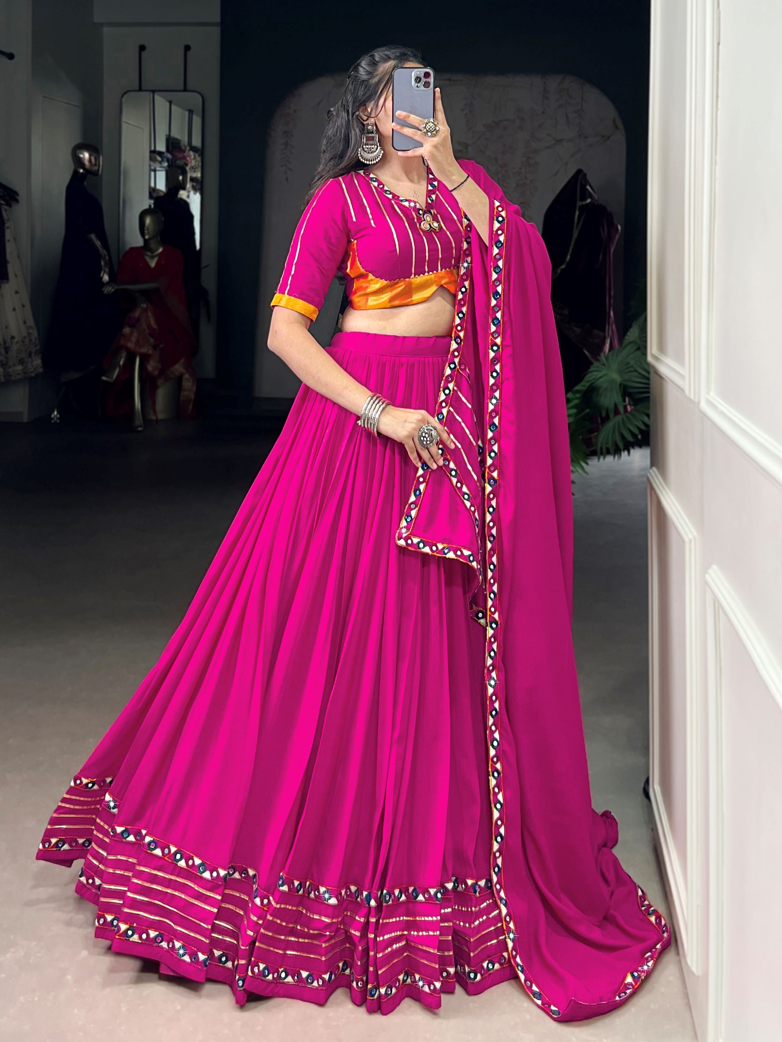 Pink pure rayon lehenga choli with mirror gamthi and gotta patti work