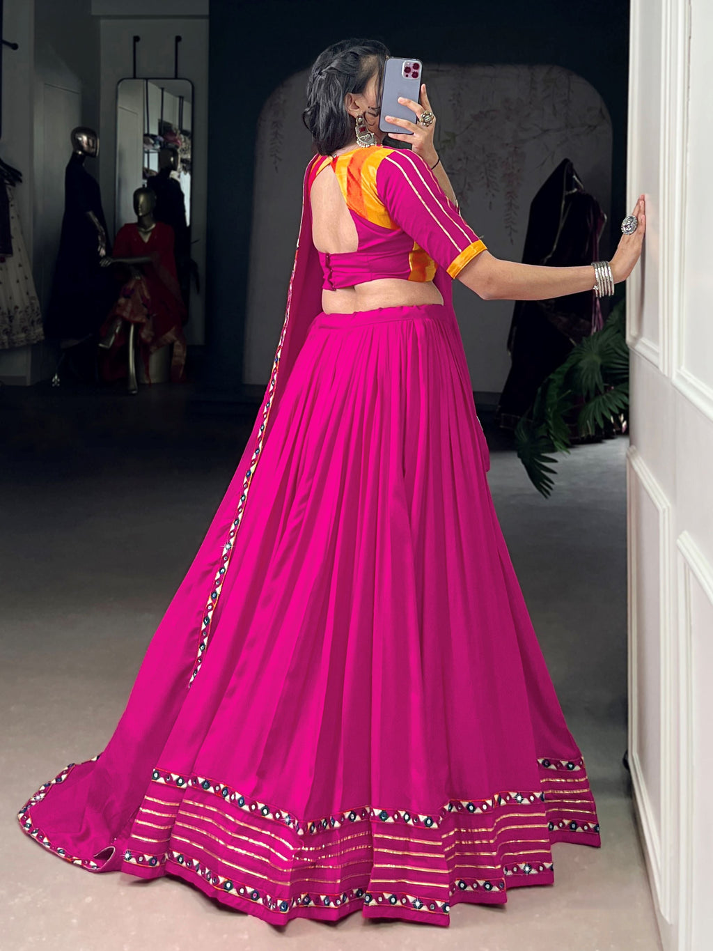 Pink pure rayon lehenga choli with mirror gamthi and gotta patti work