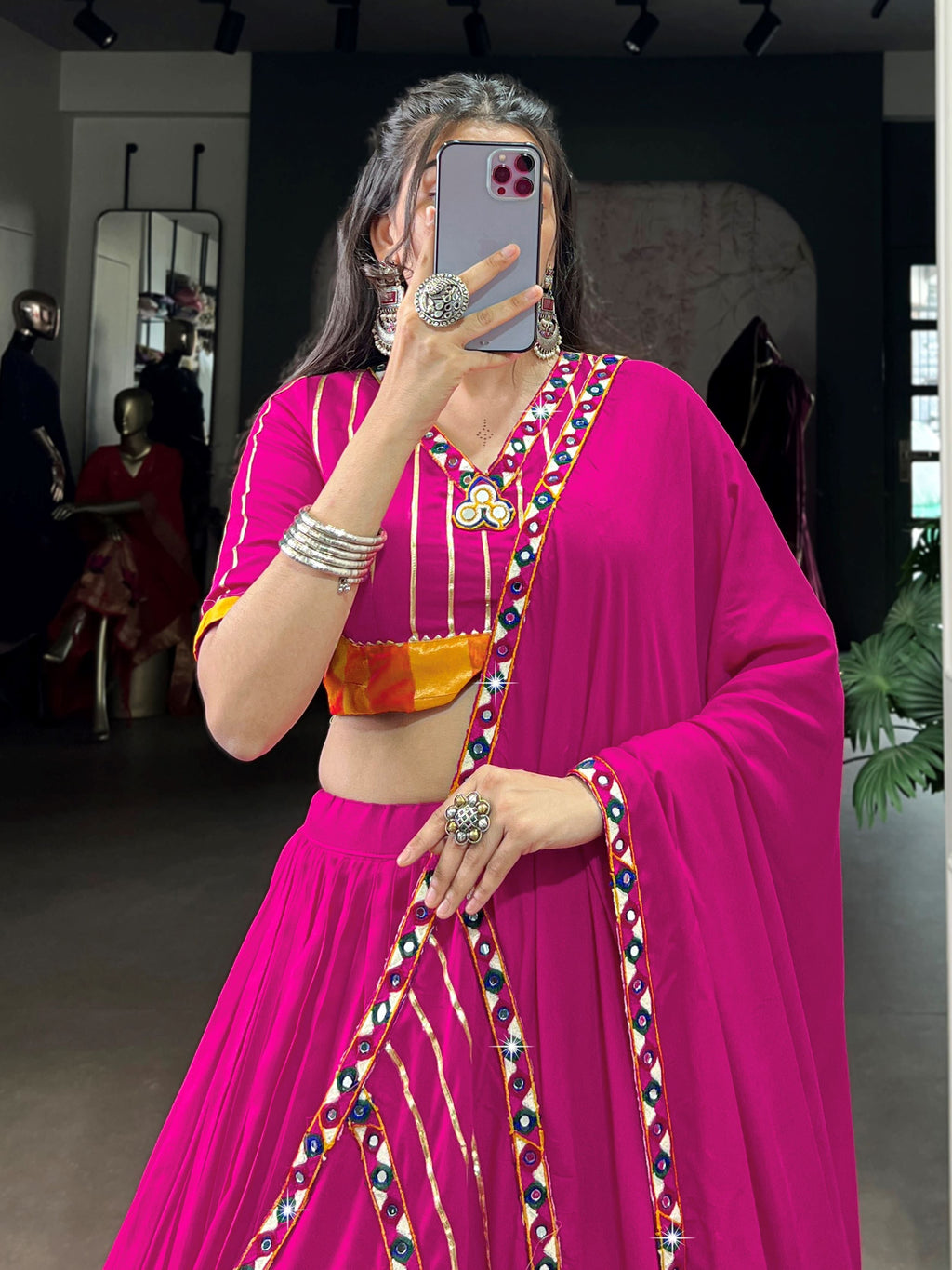 Pink pure rayon lehenga choli with mirror gamthi and gotta patti work
