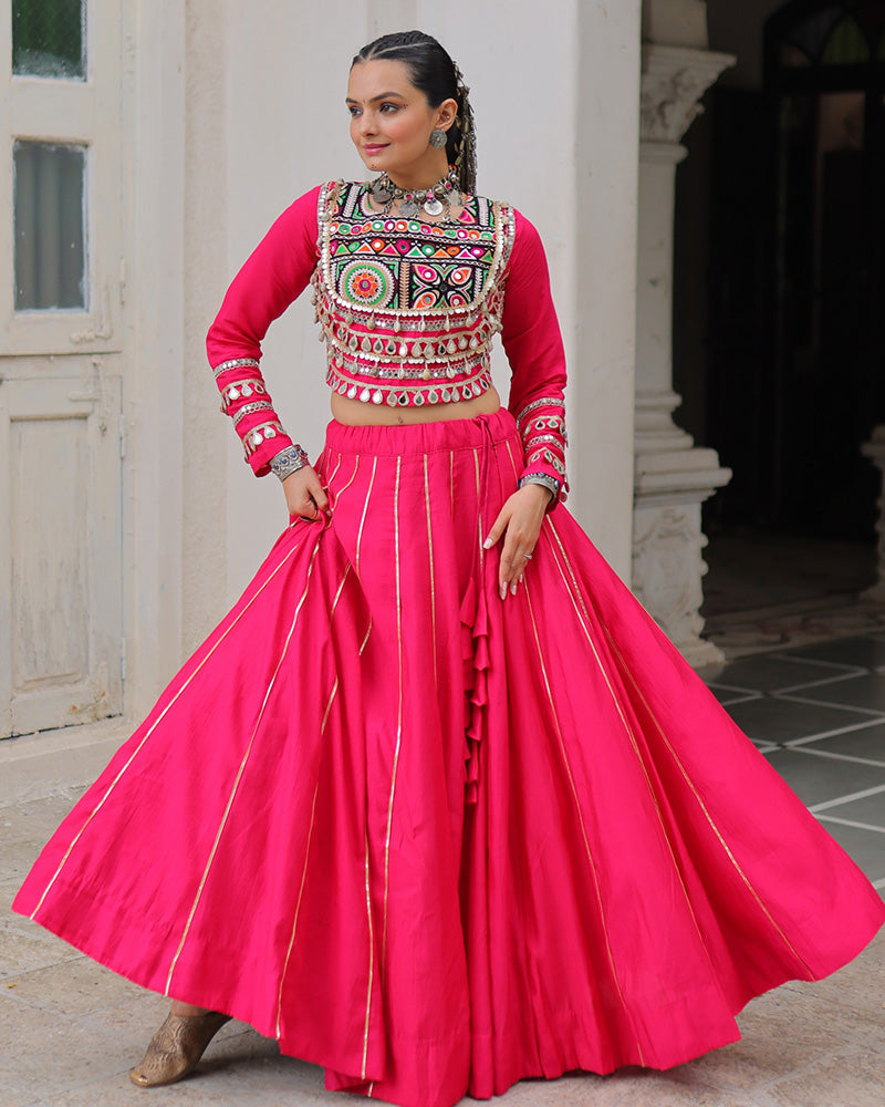 Pink Roman Silk Gota Patti Lace and Kutchi Gamthi Embroidered Lehenga Choli