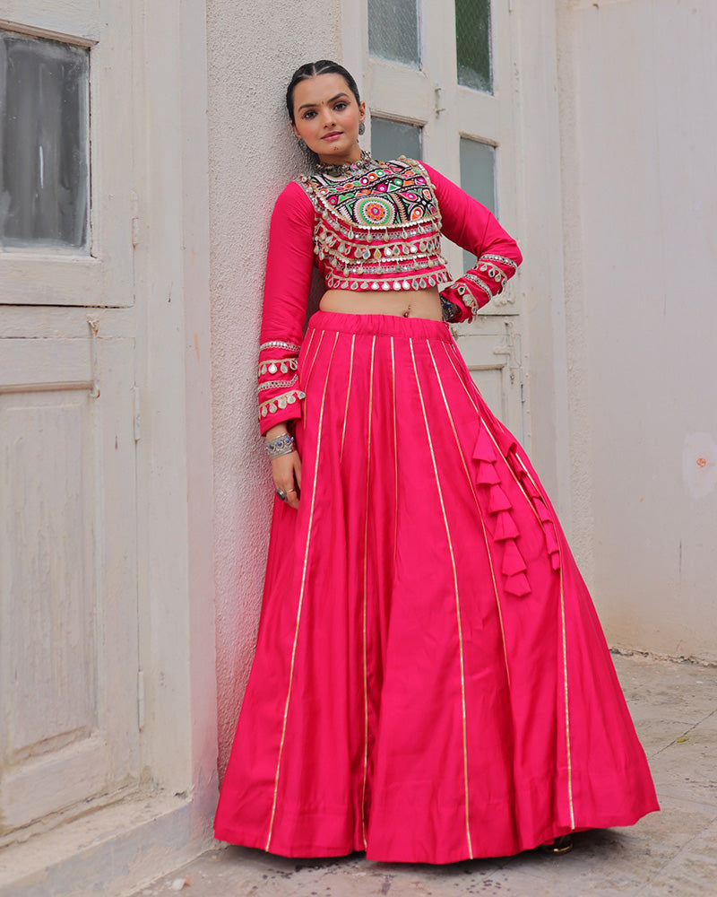 Pink Roman Silk Gota Patti Lace and Kutchi Gamthi Embroidered Lehenga Choli
