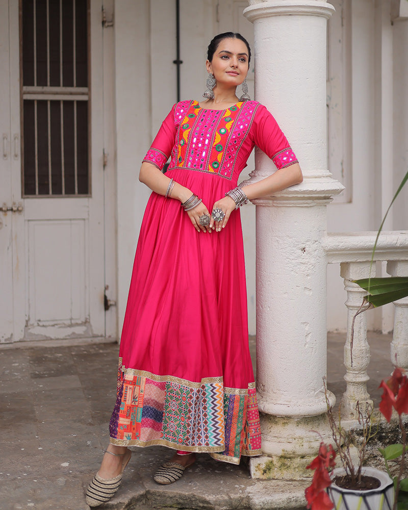 Pink silk gown with thread mirror embroidery and crochet print