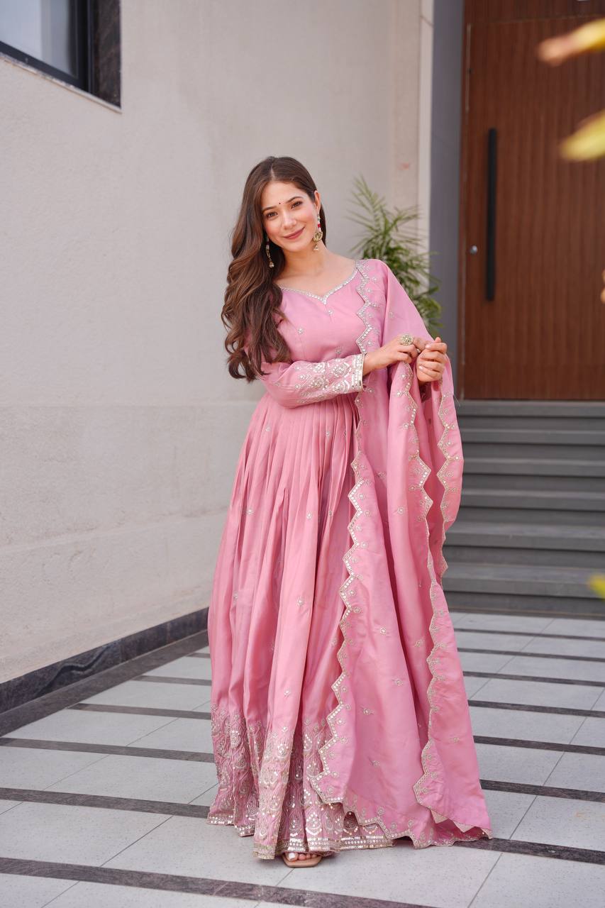Pink shimmer silk embroidered handwork lace work gown with dupatta