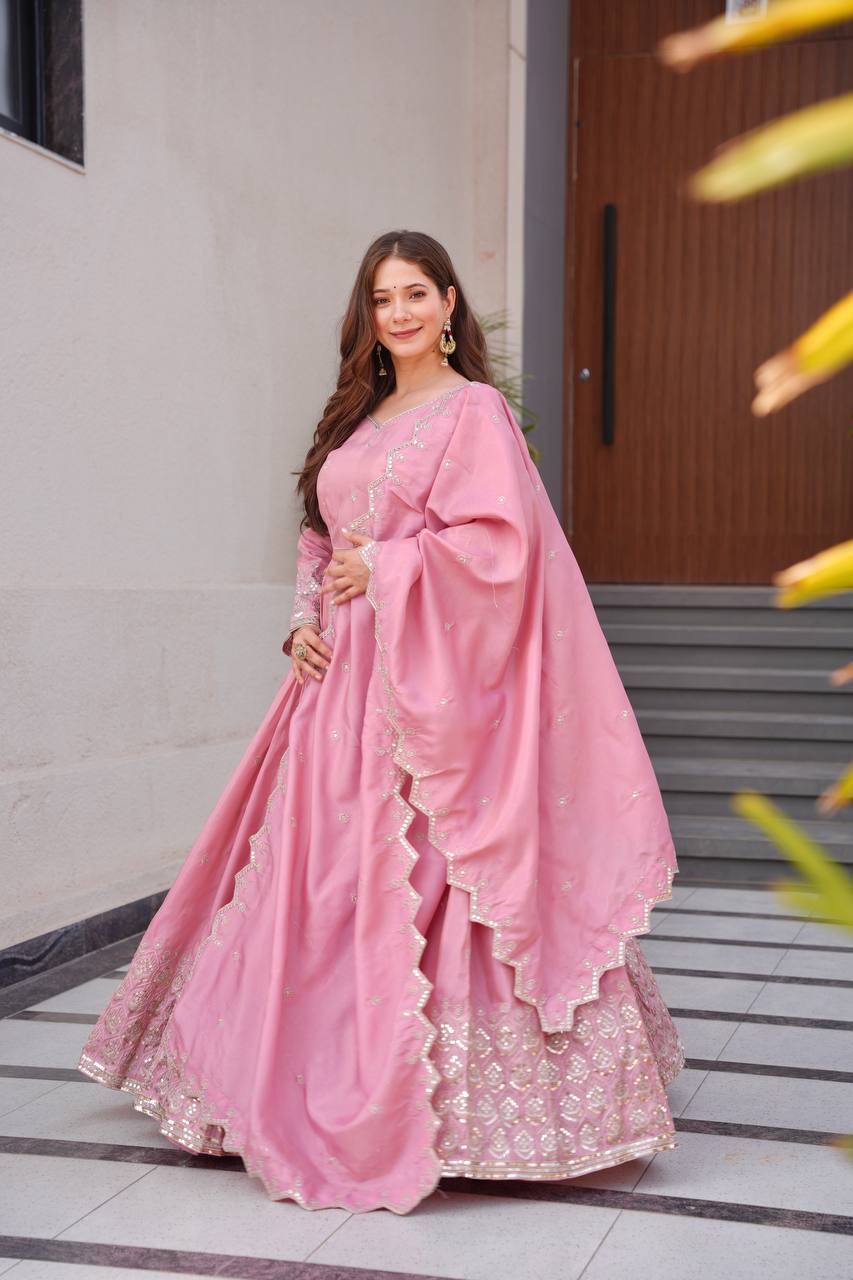 Pink shimmer silk embroidered handwork lace work gown with dupatta