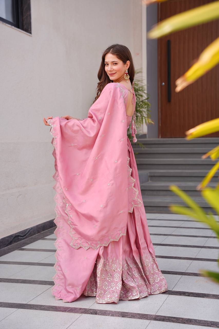 Pink shimmer silk embroidered handwork lace work gown with dupatta