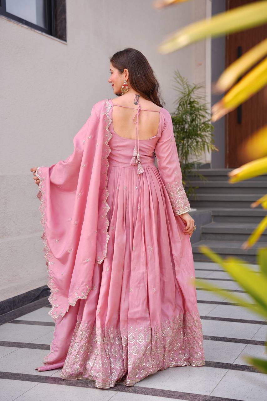Pink shimmer silk embroidered handwork lace work gown with dupatta