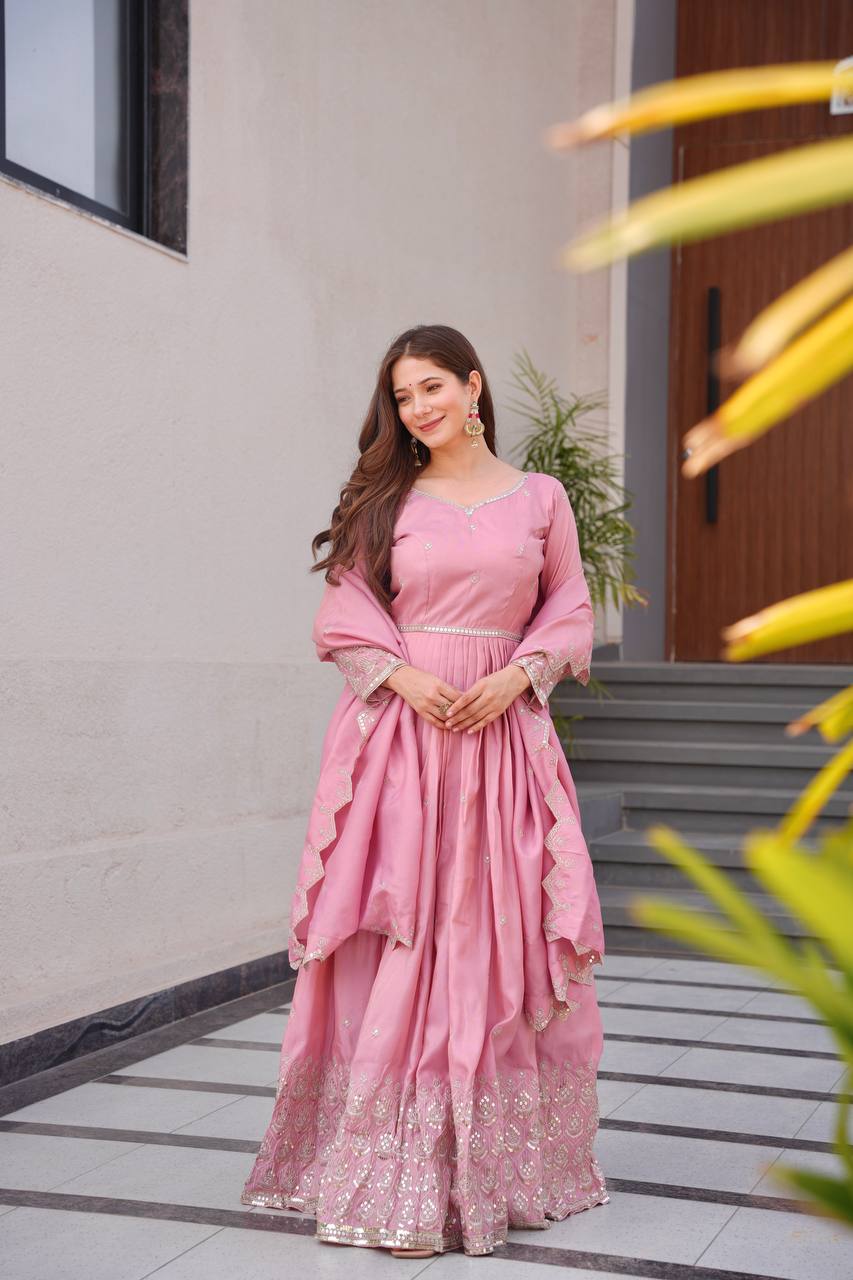 Pink shimmer silk embroidered handwork lace work gown with dupatta