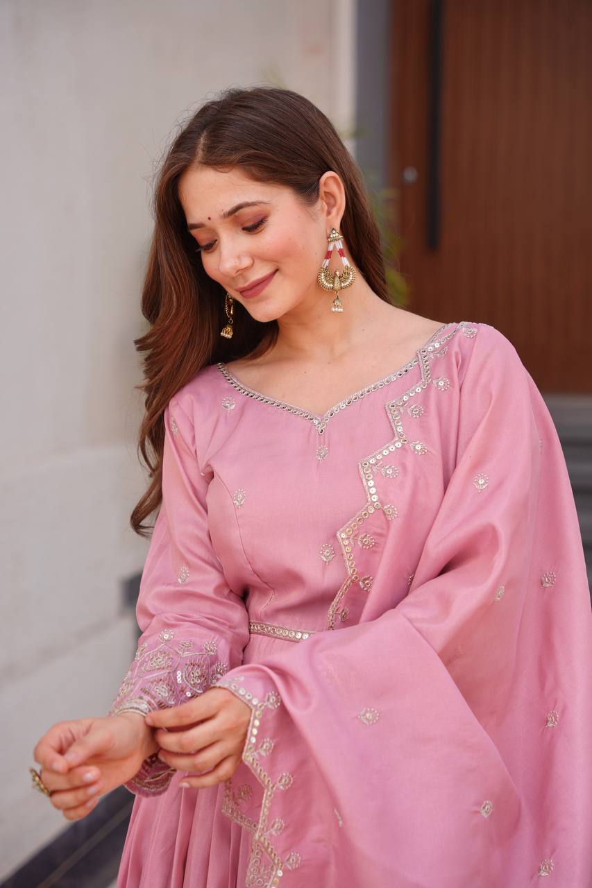 Pink shimmer silk embroidered handwork lace work gown with dupatta