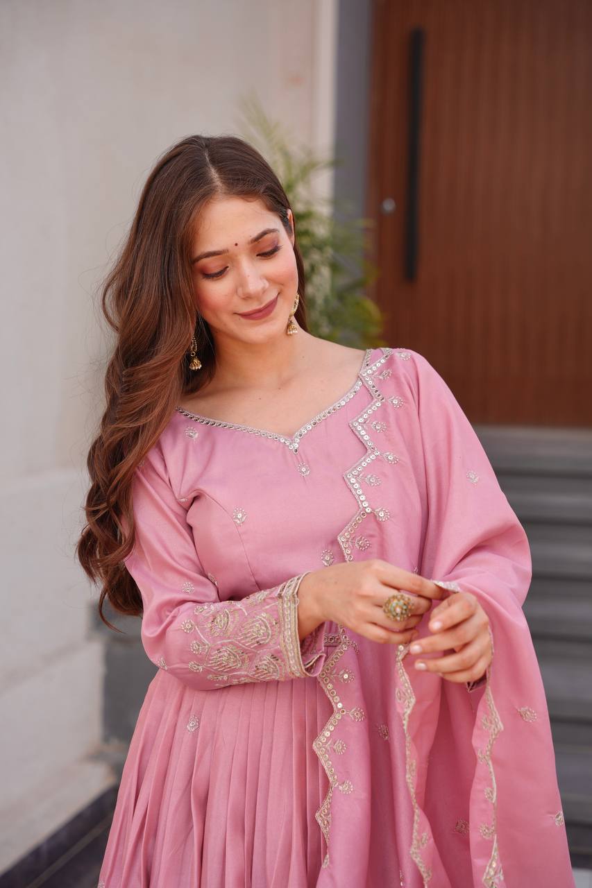 Pink shimmer silk embroidered handwork lace work gown with dupatta