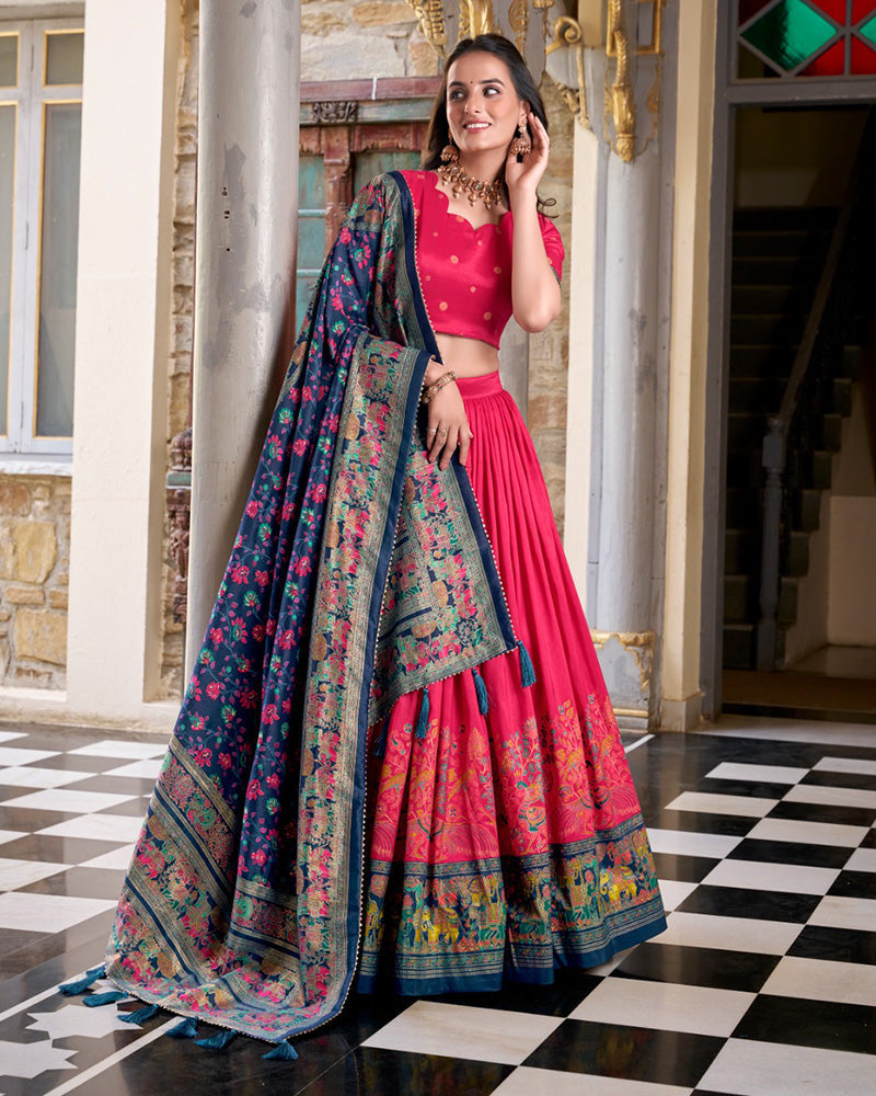 Pink silk half saree lehenga with printed design and Foli work