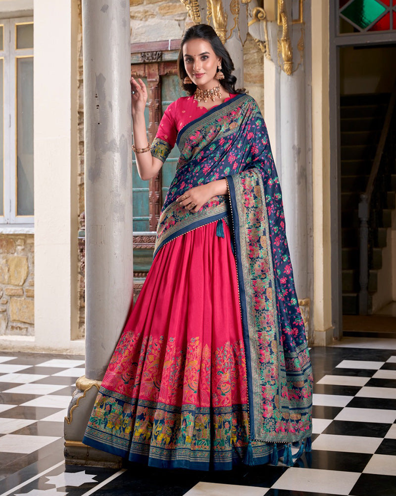 Pink silk half saree lehenga with printed design and Foli work