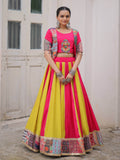 Pink silk printed navratri lehenga choli with gotta lace work and koti blouse