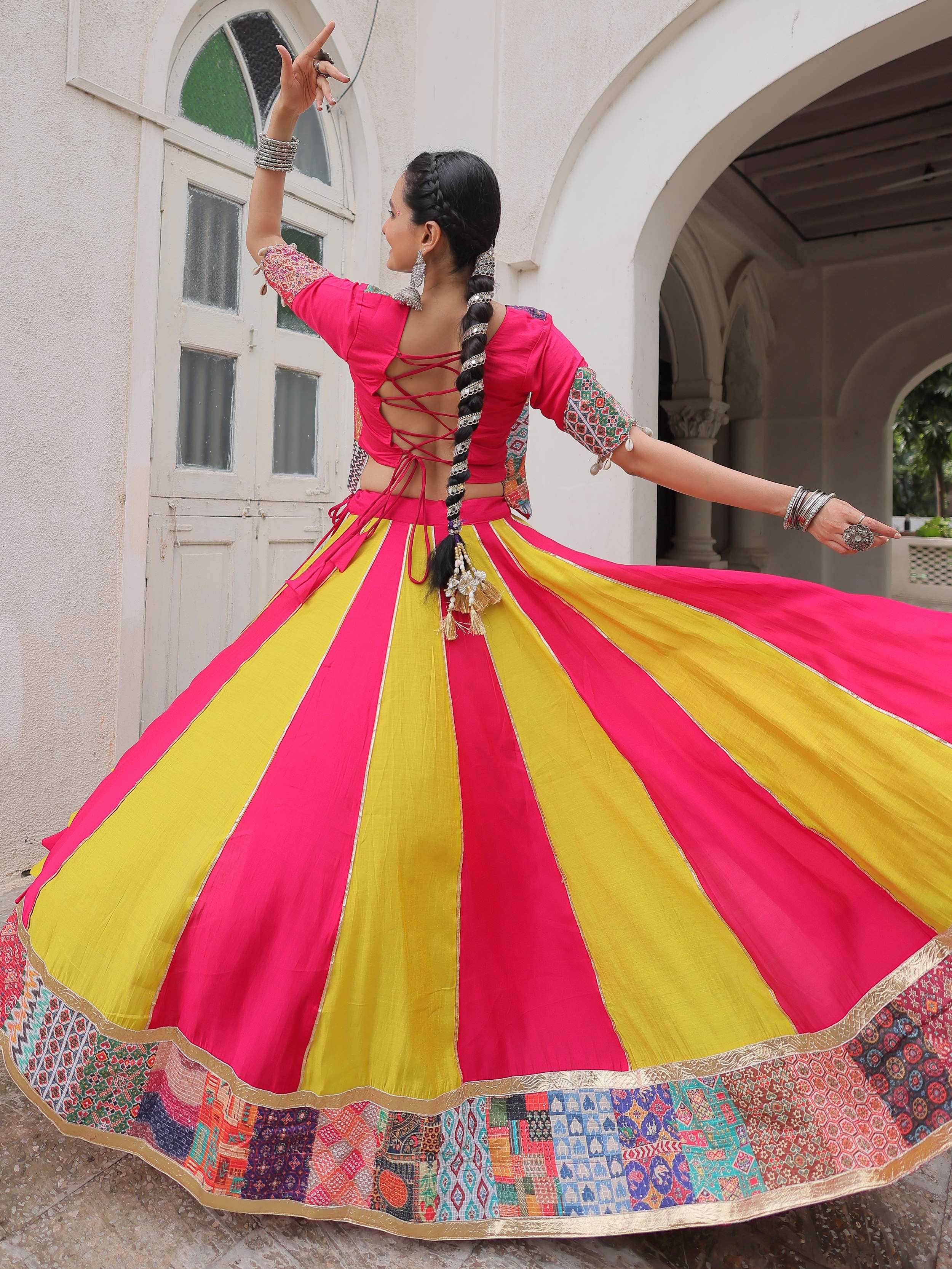 Pink silk printed navratri lehenga choli with gotta lace work and koti blouse