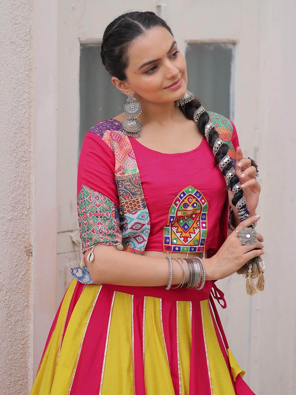 Pink silk printed navratri lehenga choli with gotta lace work and koti blouse
