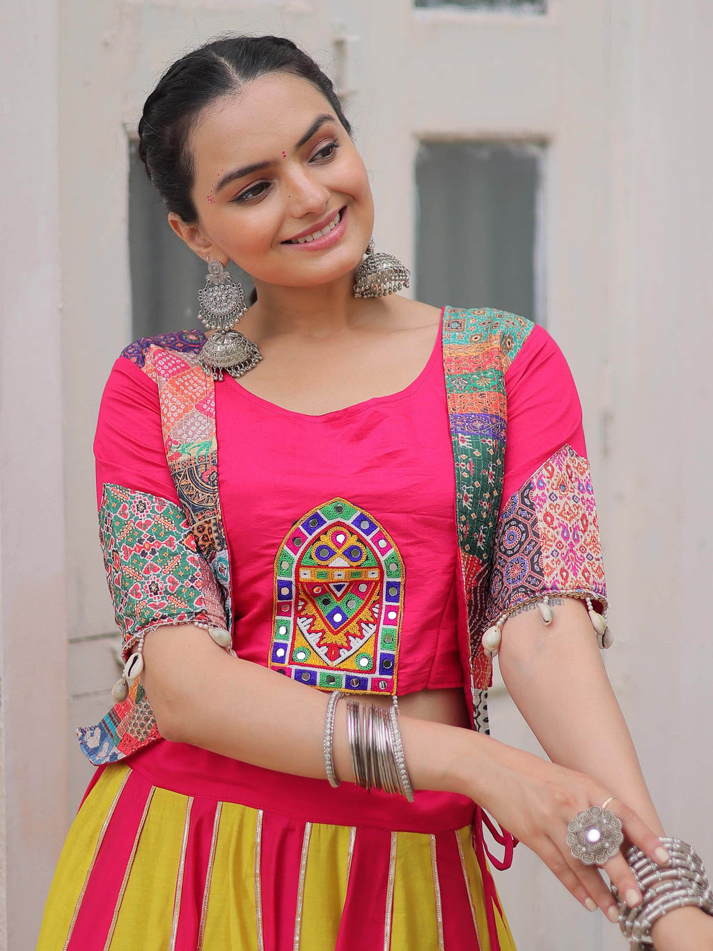 Pink silk printed navratri lehenga choli with gotta lace work and koti blouse
