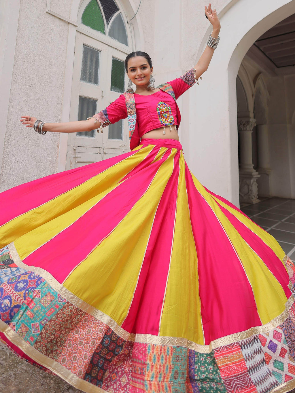 Pink silk printed navratri lehenga choli with gotta lace work and koti blouse